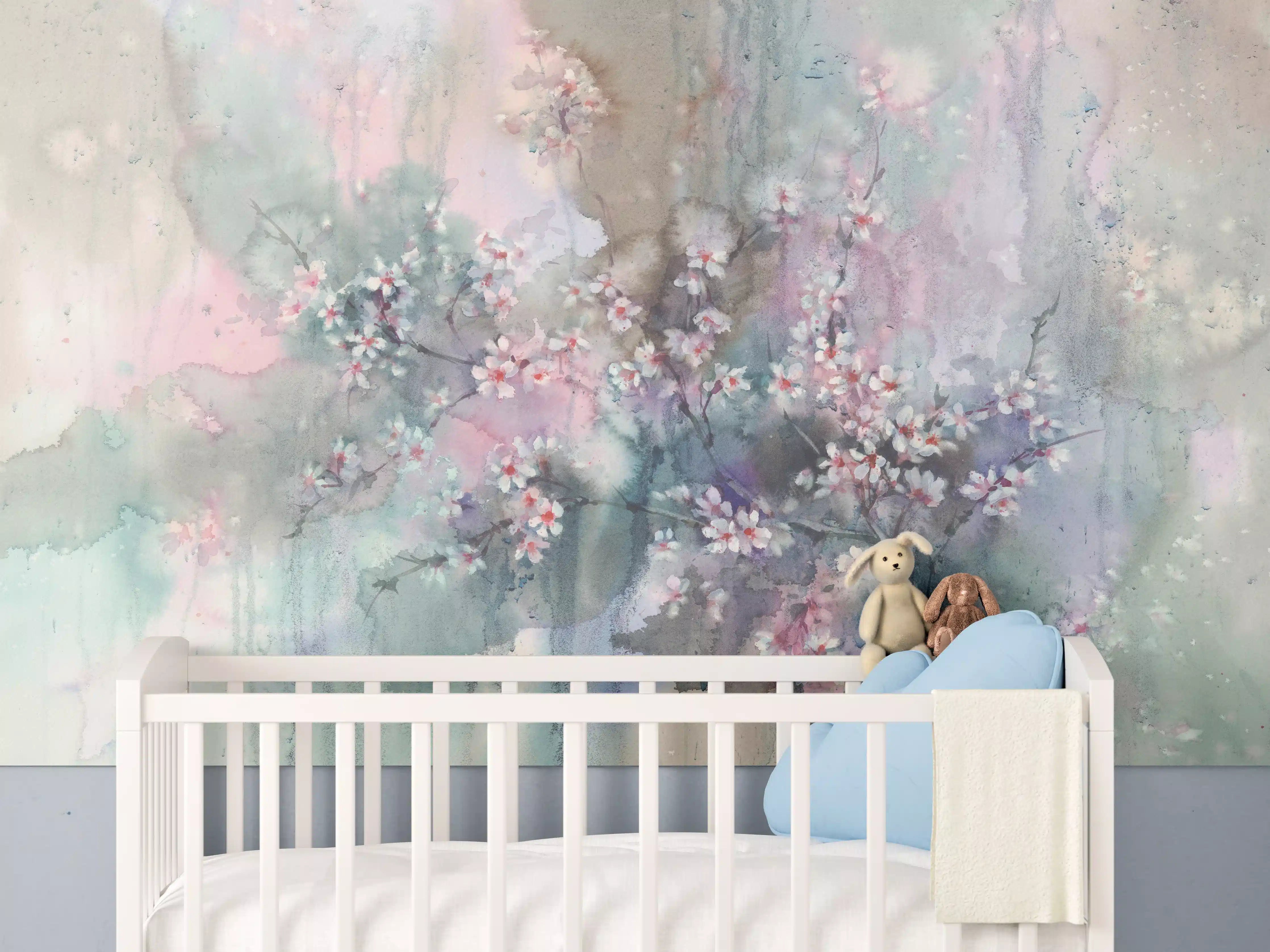 Babyzimmer Wandgestaltung - Japanische Kirchblüten mit Aquarell Muster