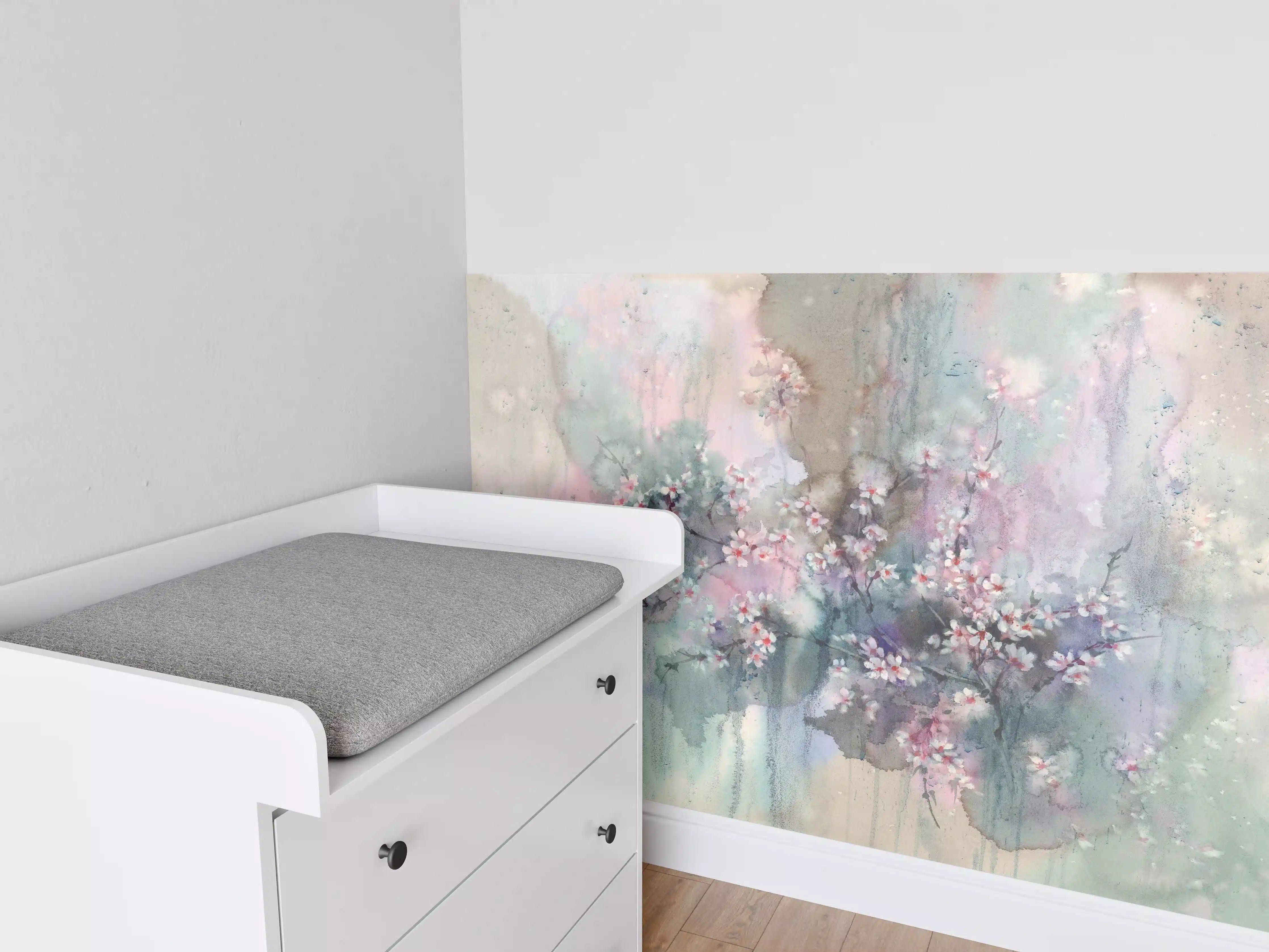 Babyzimmer Wandgestaltung - Japanische Kirchblüten mit Aquarell Muster