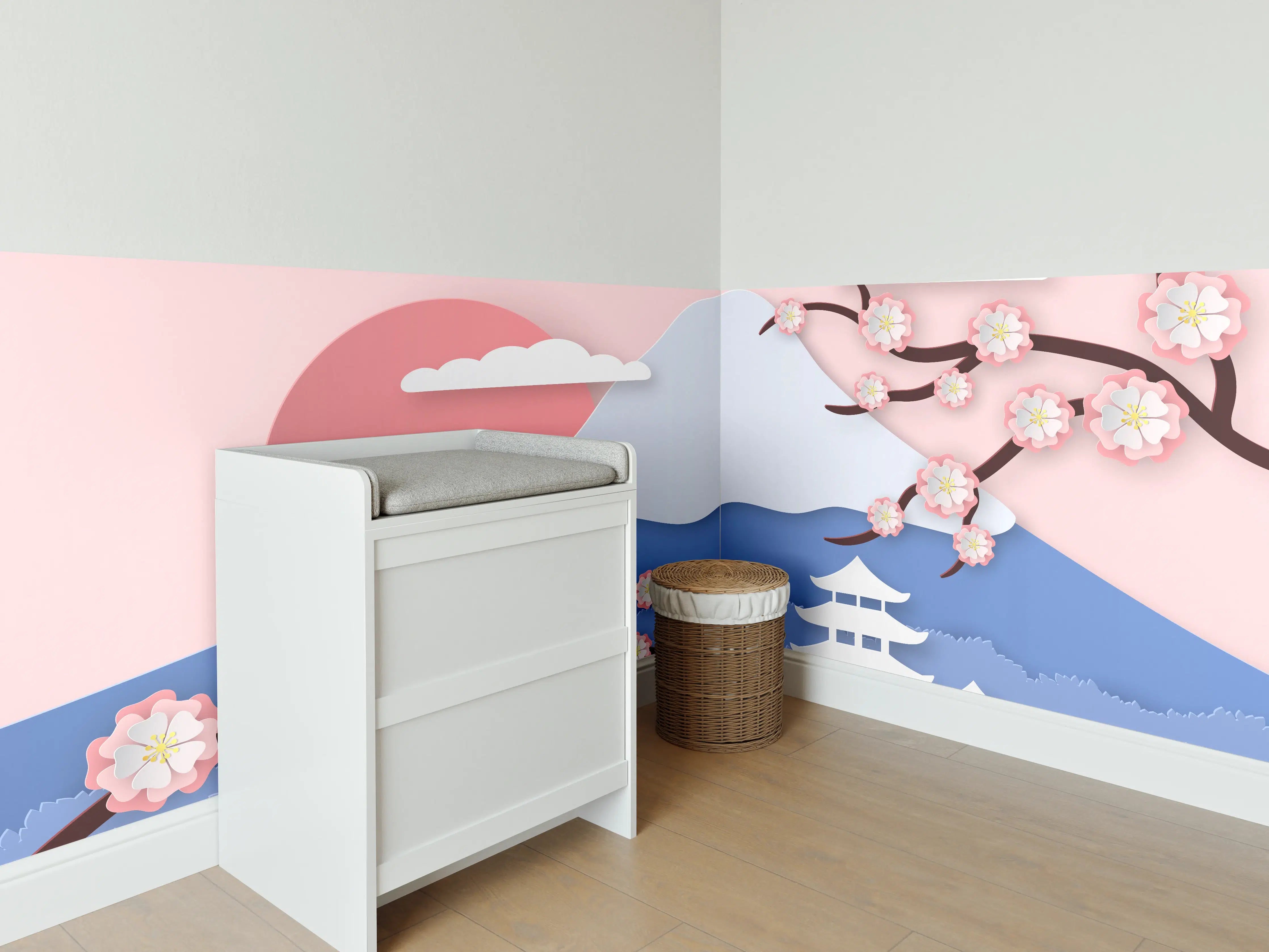 Babyzimmer Wandgestaltung - Japanischer Kirschbaum mit Pagoden-Hintergrund