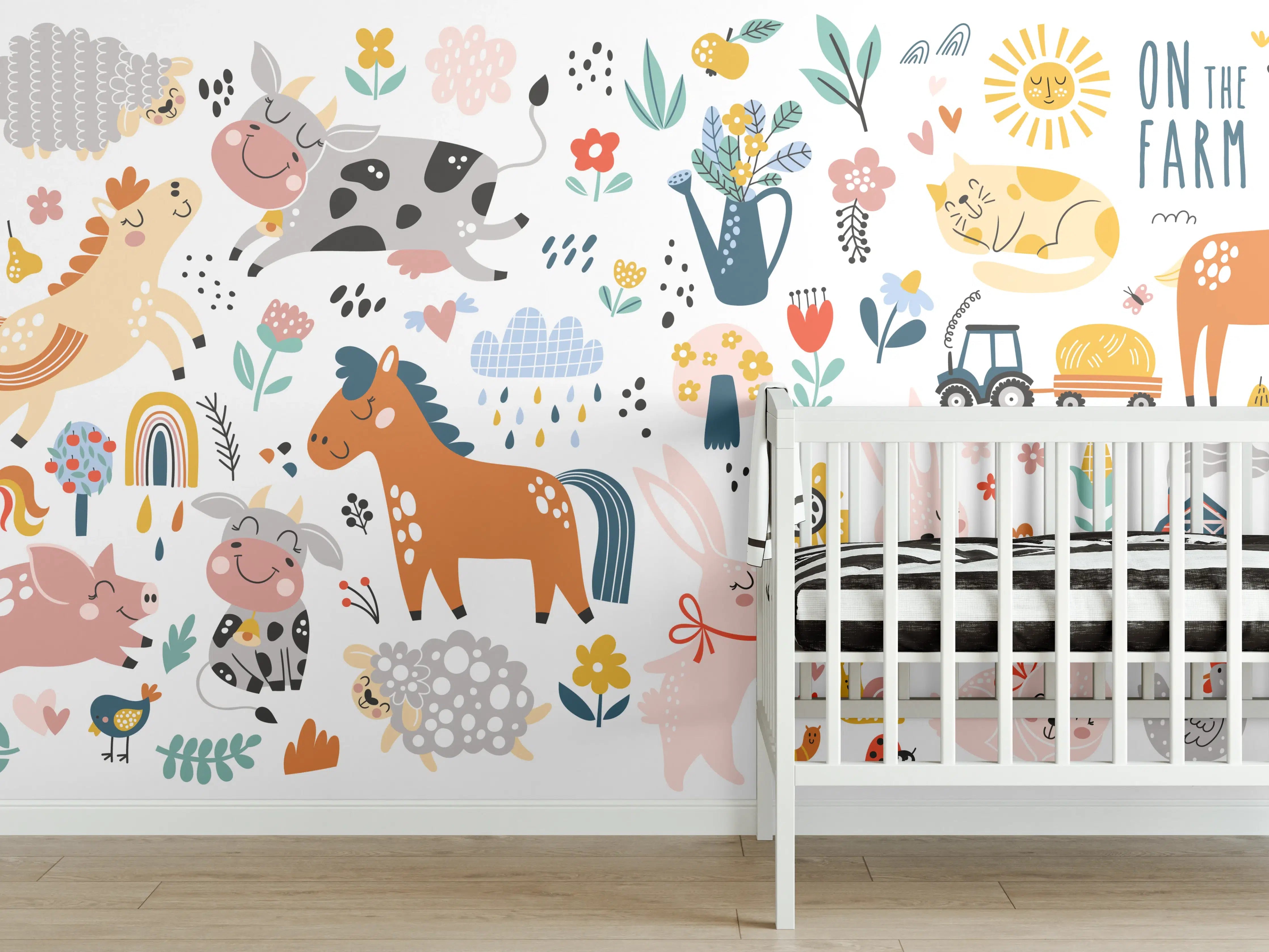 Babyzimmer Wandgestaltung - Junge Bauernhoftiere auf Feldweg