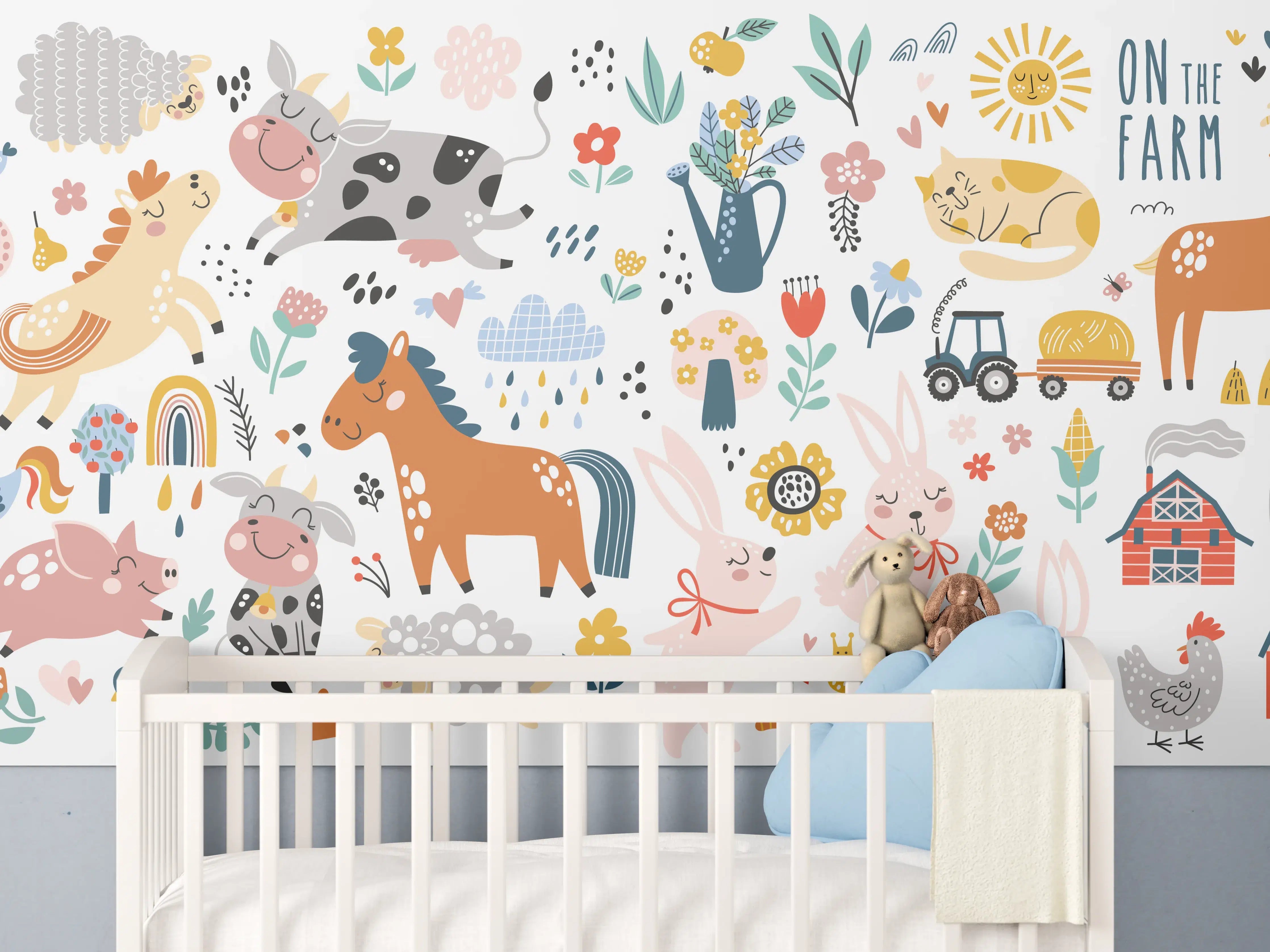 Babyzimmer Wandgestaltung - Junge Bauernhoftiere auf Feldweg