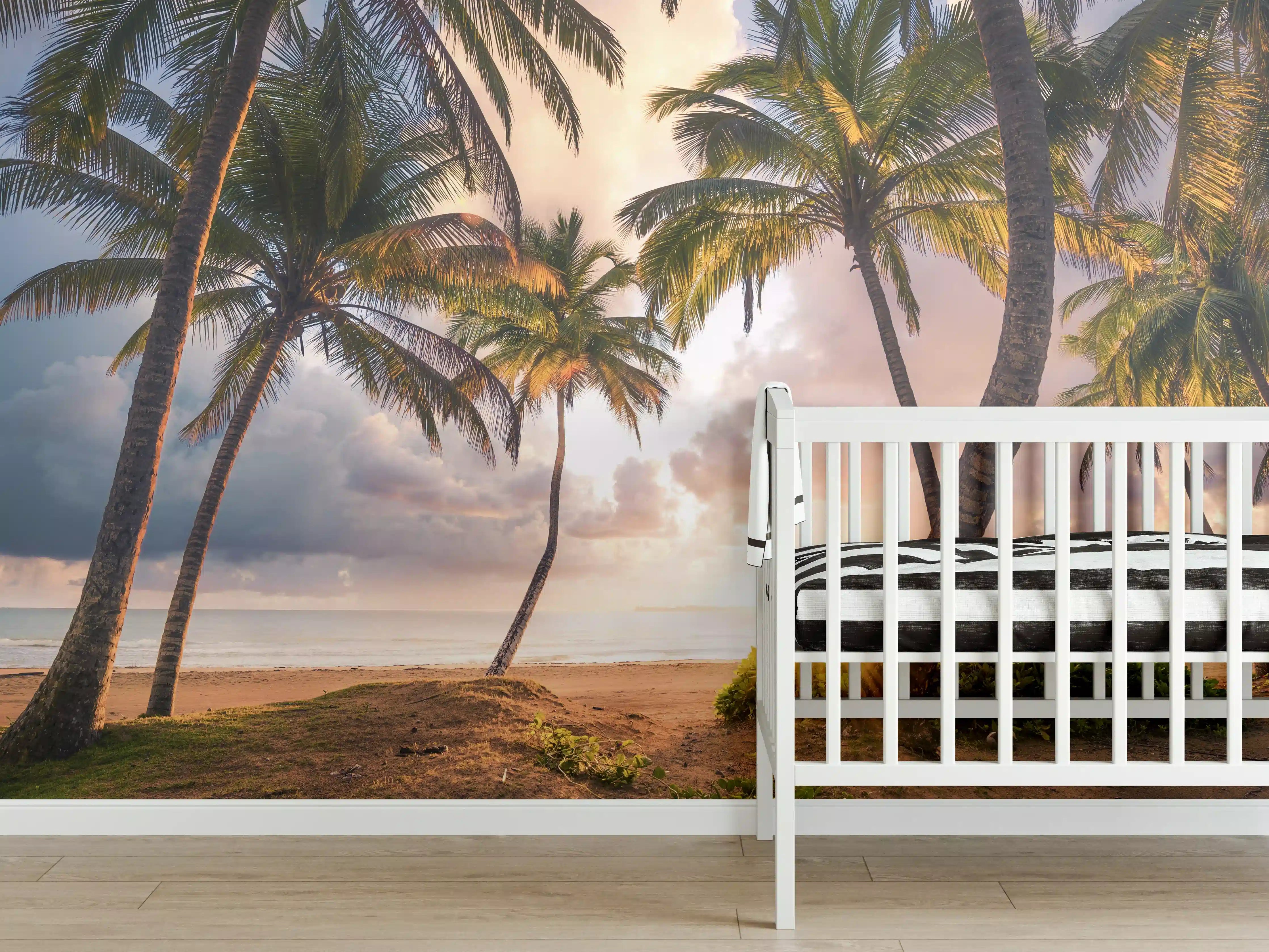 Babyzimmer Wandgestaltung - Karibik Strand Sonnenaufgang Palmen