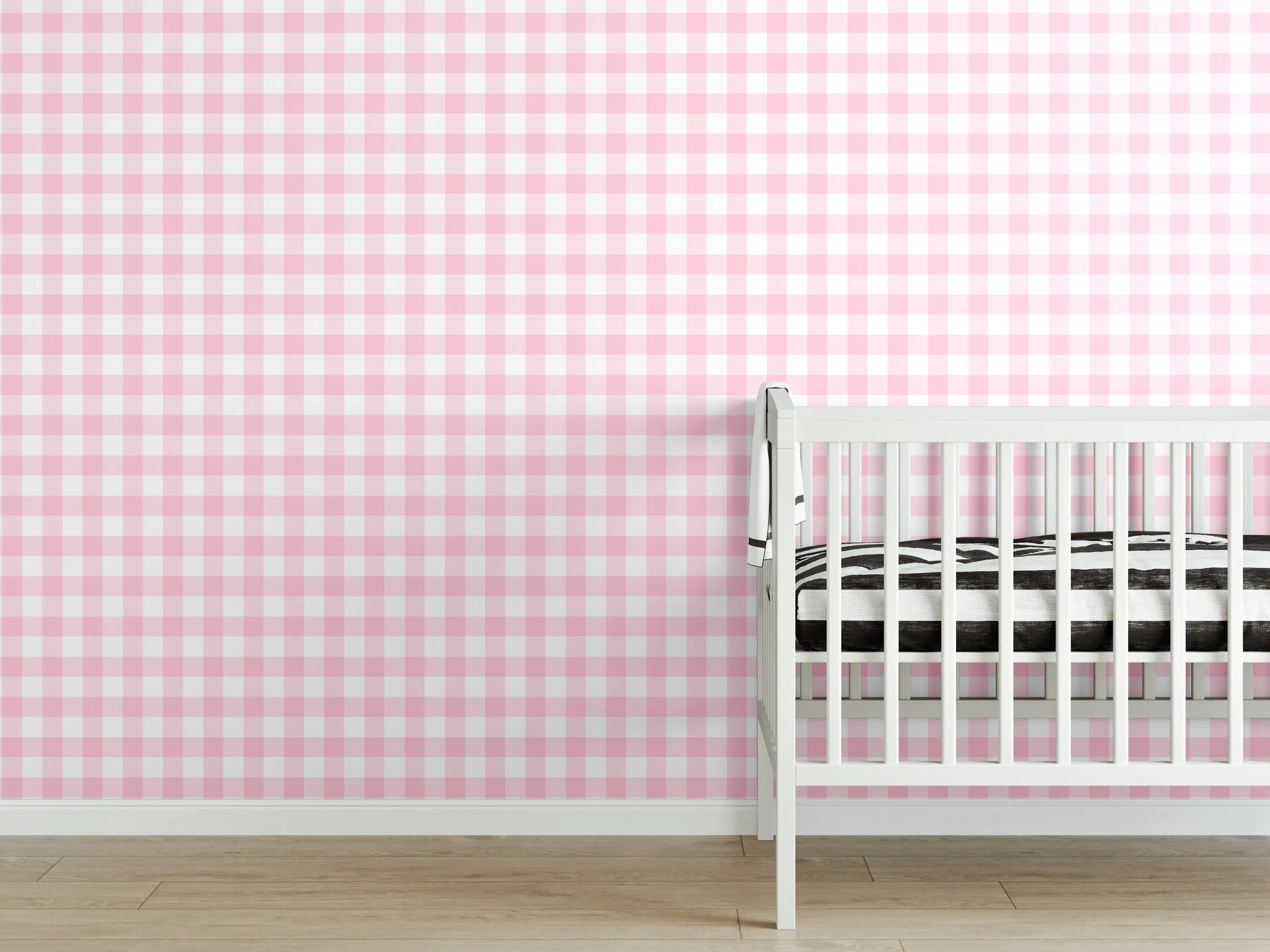 Babyzimmer Wandgestaltung - Kariertes Vichy Pastellrosa Muster mit weißem Hintergrund