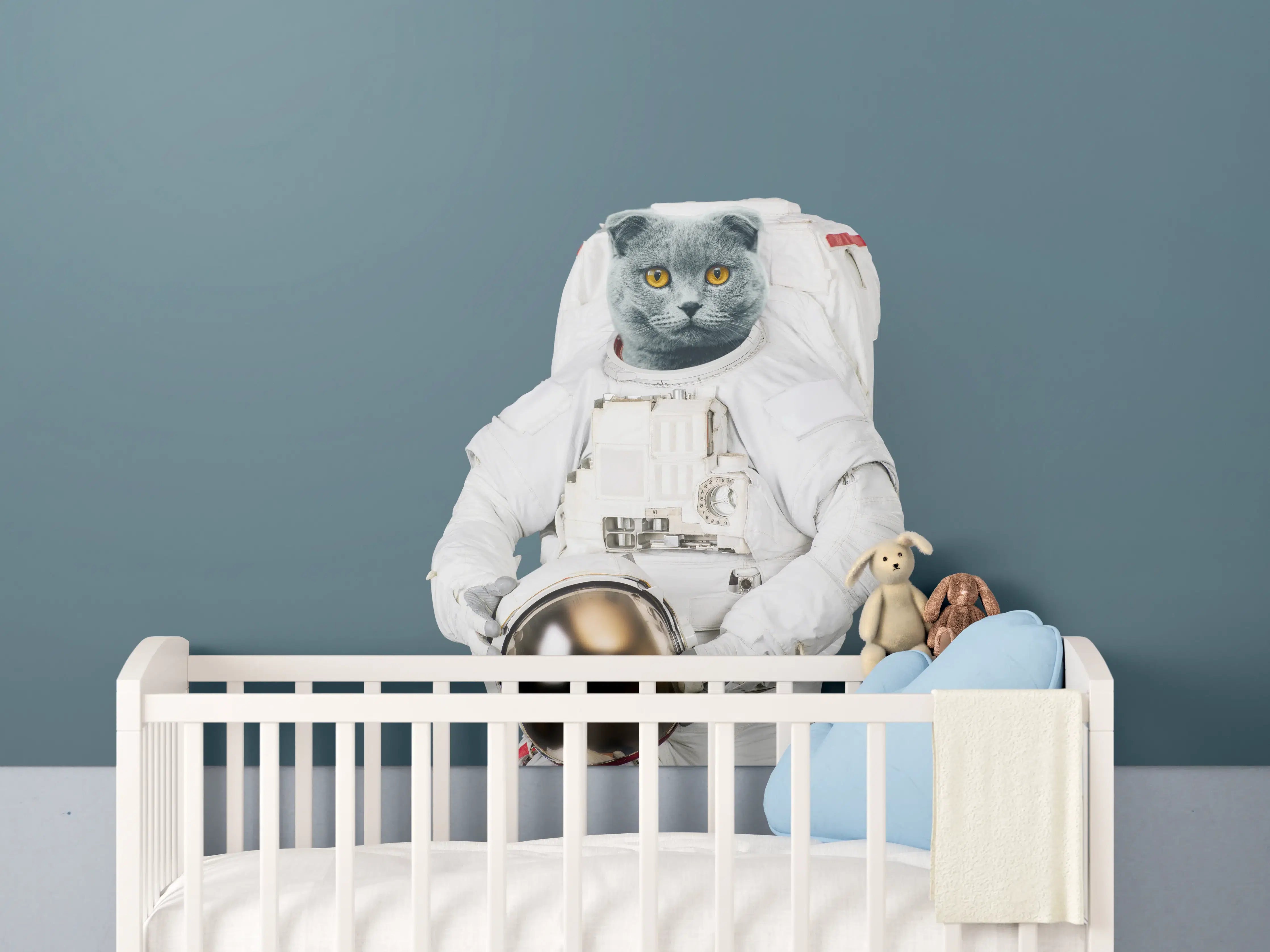 Babyzimmer Wandgestaltung - Katzen-Astronaut Grau-Helm
