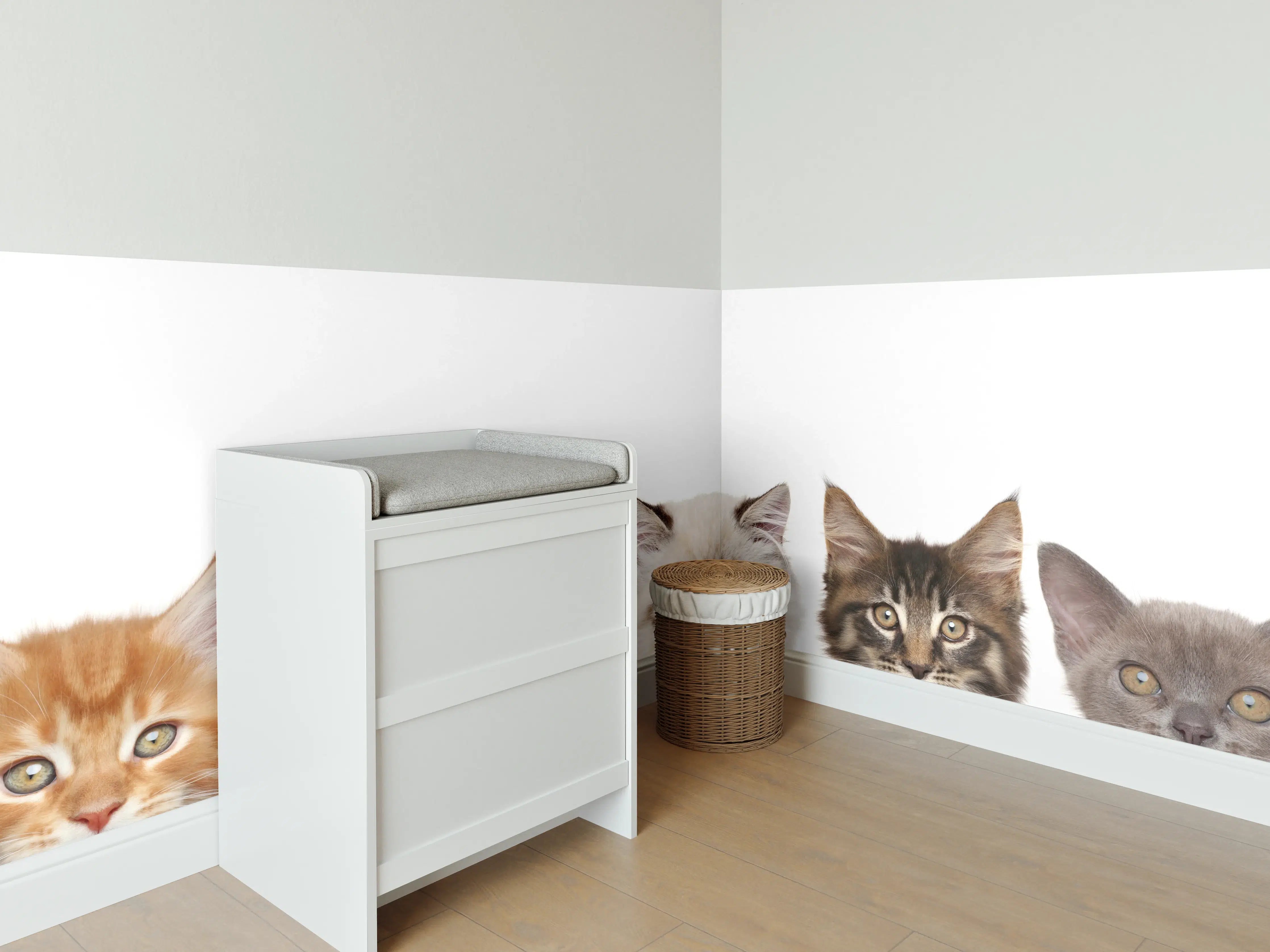 Babyzimmer Wandgestaltung - Katzen-Kopf-Reihe in Weiß-Grau