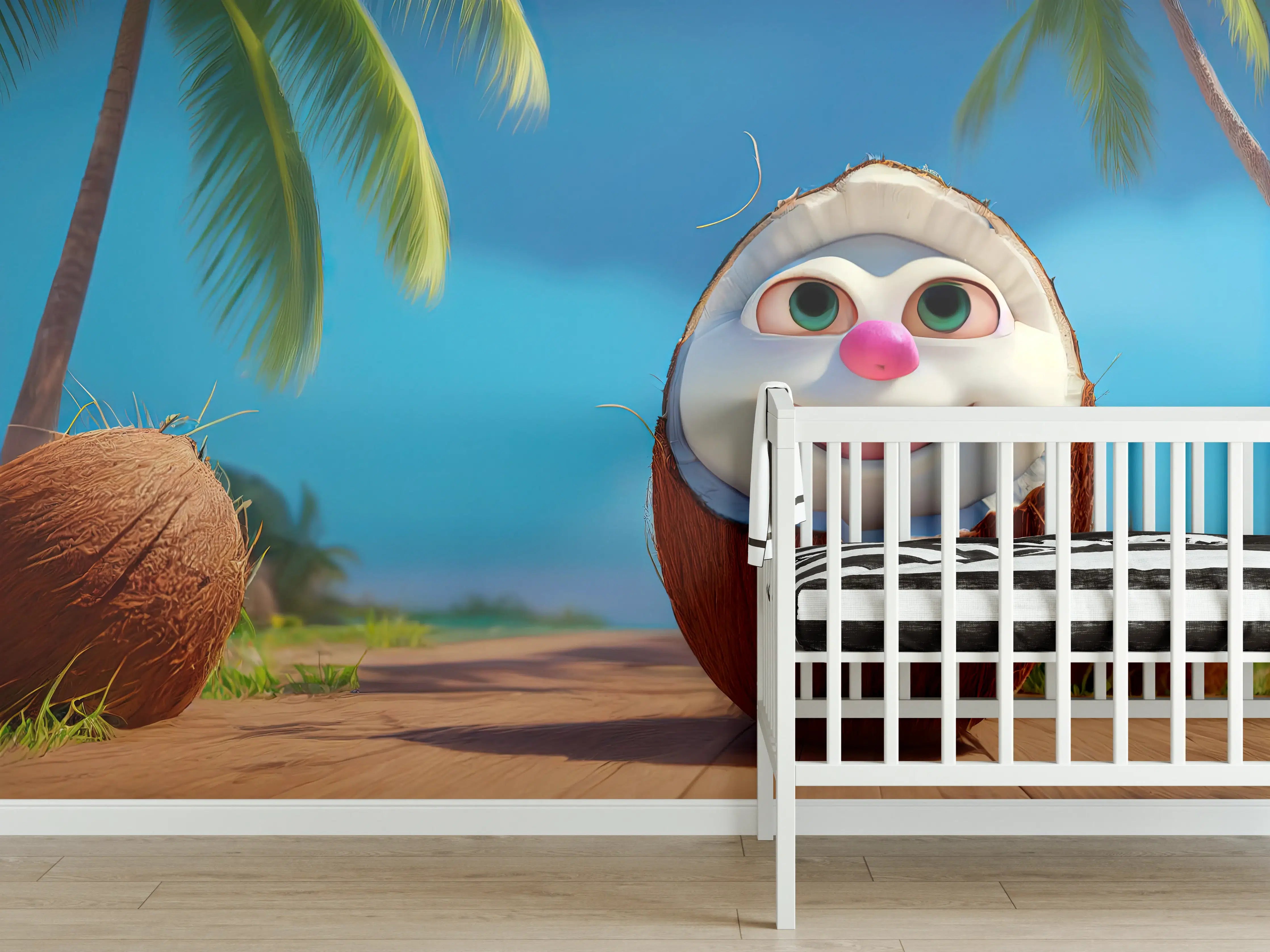 Babyzimmer Wandgestaltung - Kindermotiv - 3D Kokosnuss Charakter unter Palmen