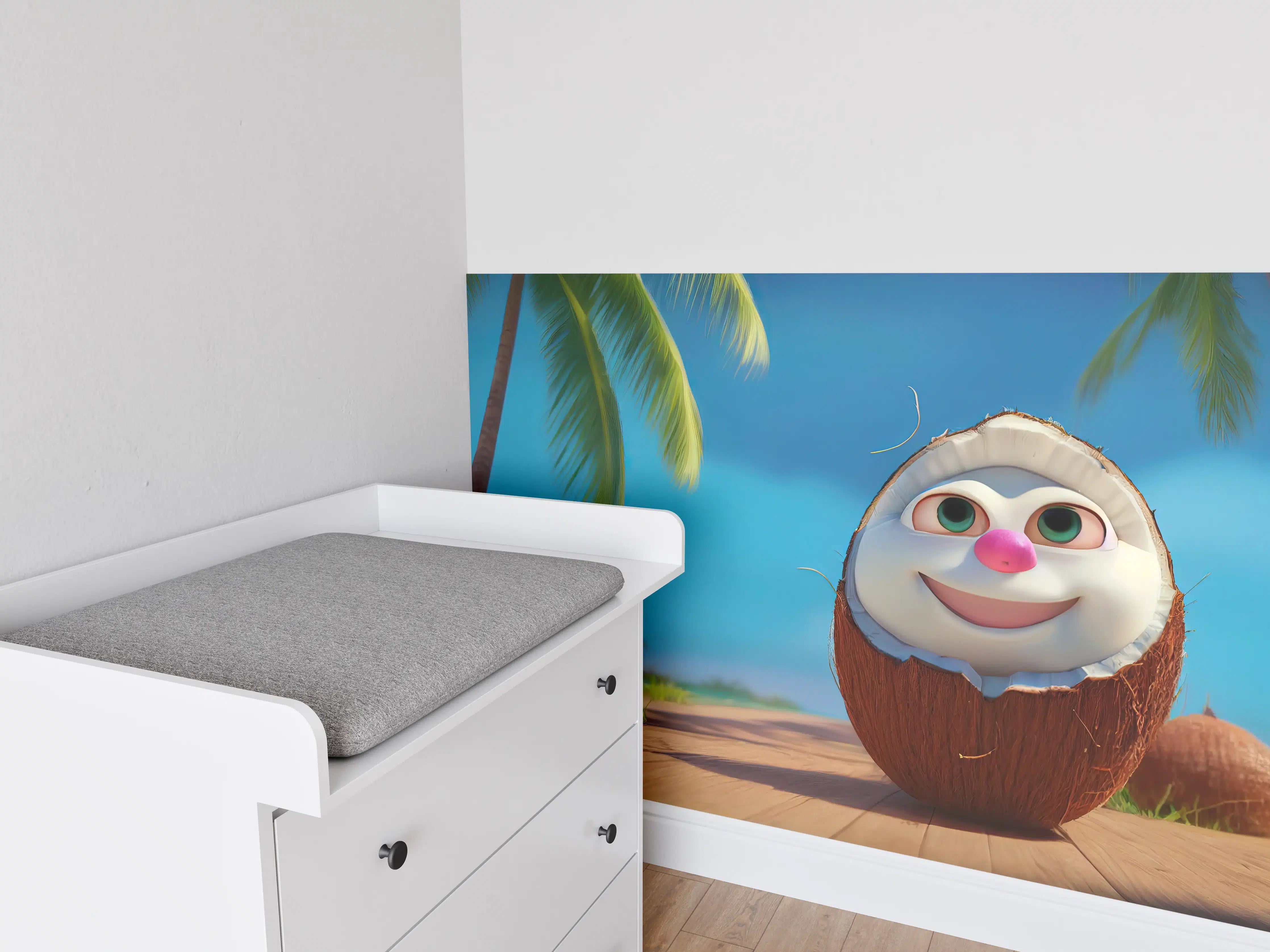 Babyzimmer Wandgestaltung - Kindermotiv - 3D Kokosnuss Charakter unter Palmen