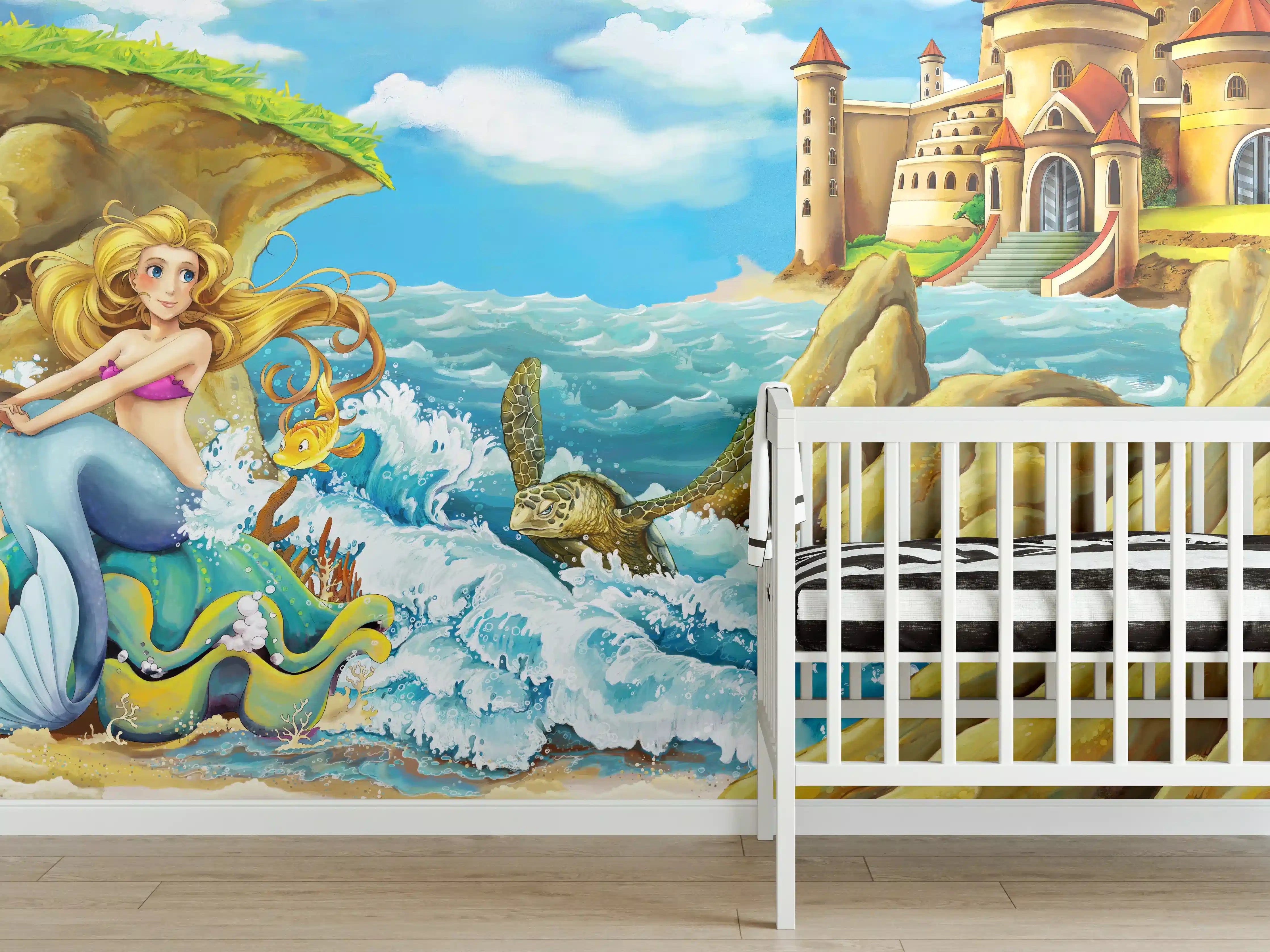Babyzimmer Wandgestaltung - Kindermotiv - Meerjungfrau mit Aussicht auf Schloss