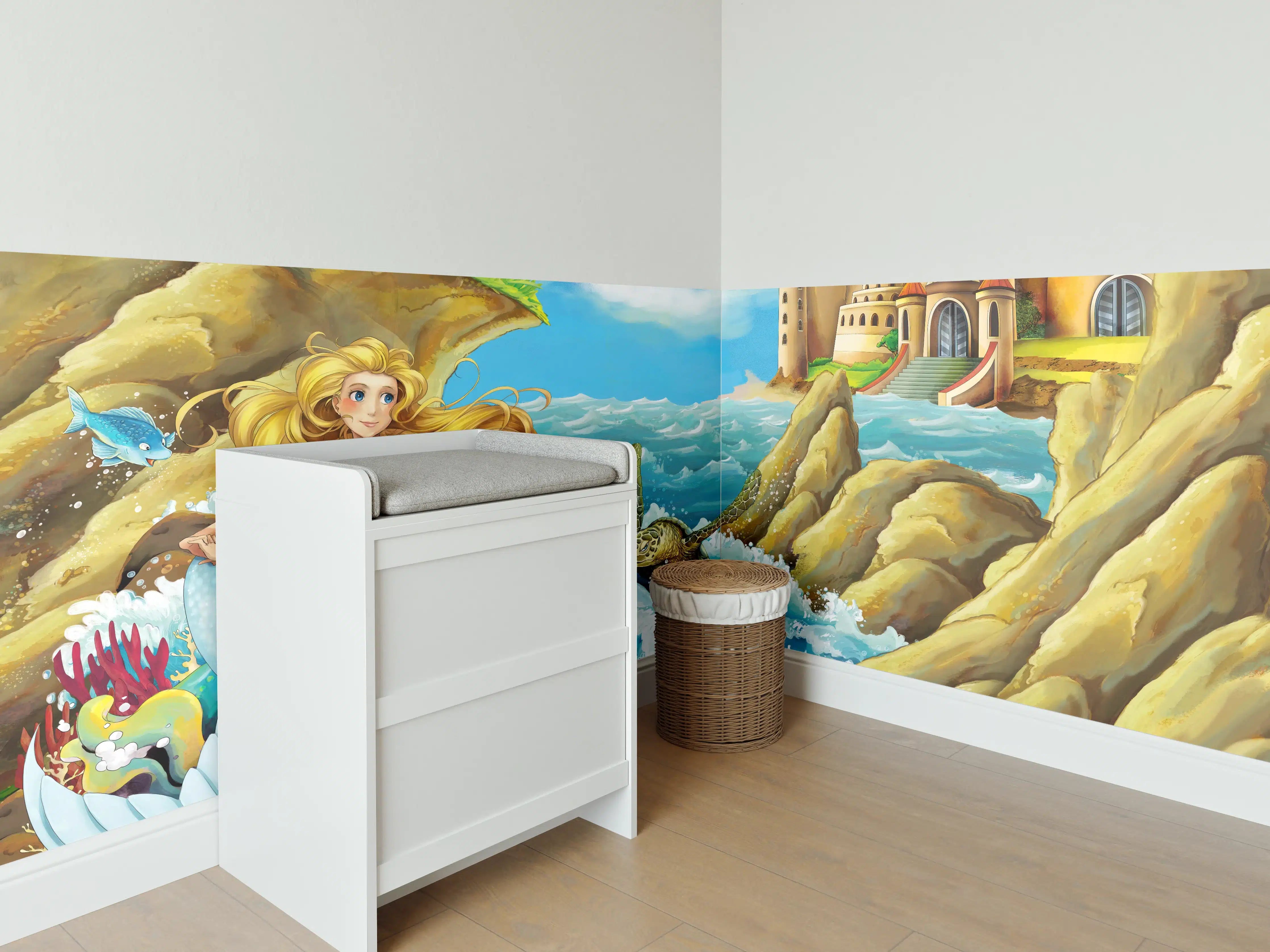 Babyzimmer Wandgestaltung - Kindermotiv - Meerjungfrau mit Aussicht auf Schloss