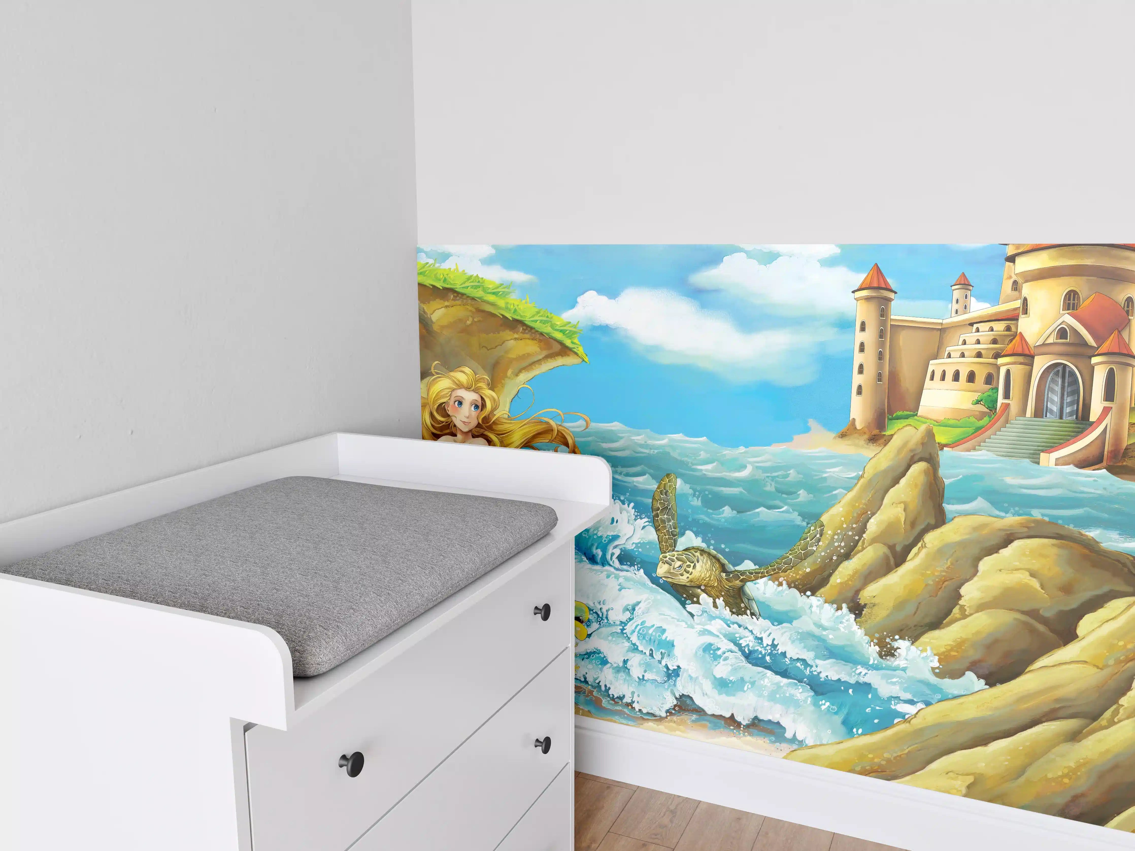 Babyzimmer Wandgestaltung - Kindermotiv - Meerjungfrau mit Aussicht auf Schloss