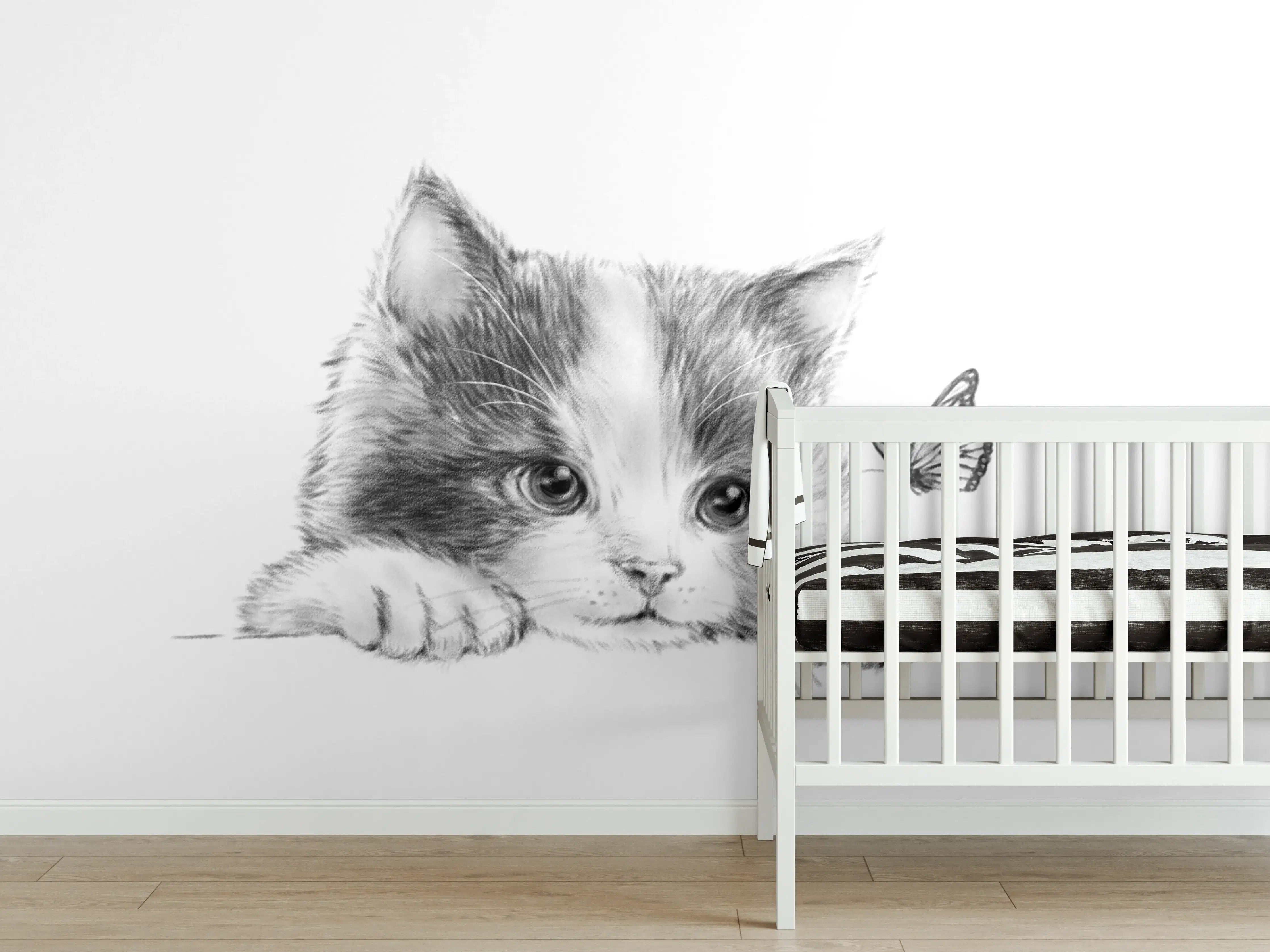 Babyzimmer Wandgestaltung - Kindermotiv einer Katze - schwarz-weiß
