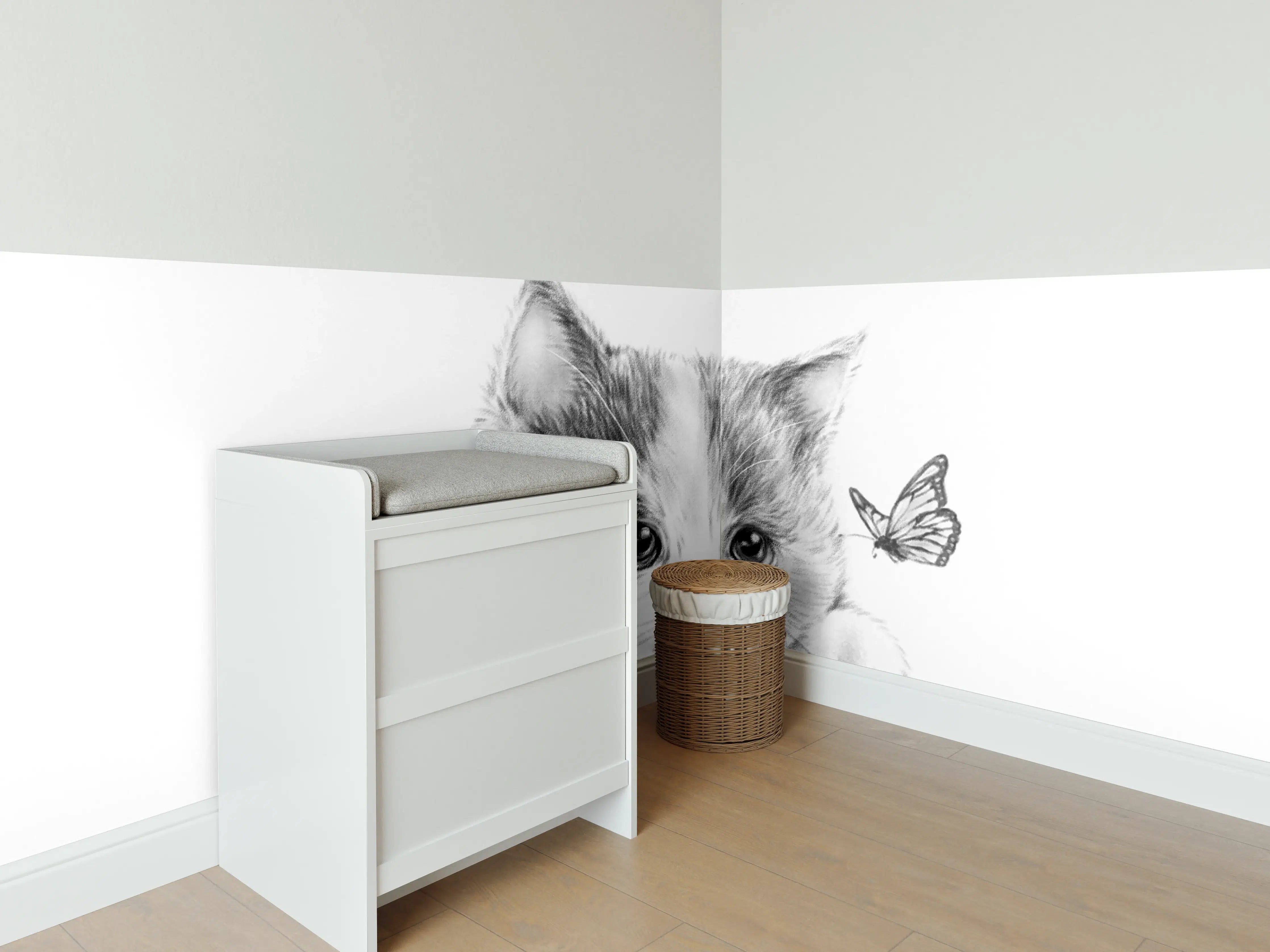 Babyzimmer Wandgestaltung - Kindermotiv einer Katze - schwarz-weiß