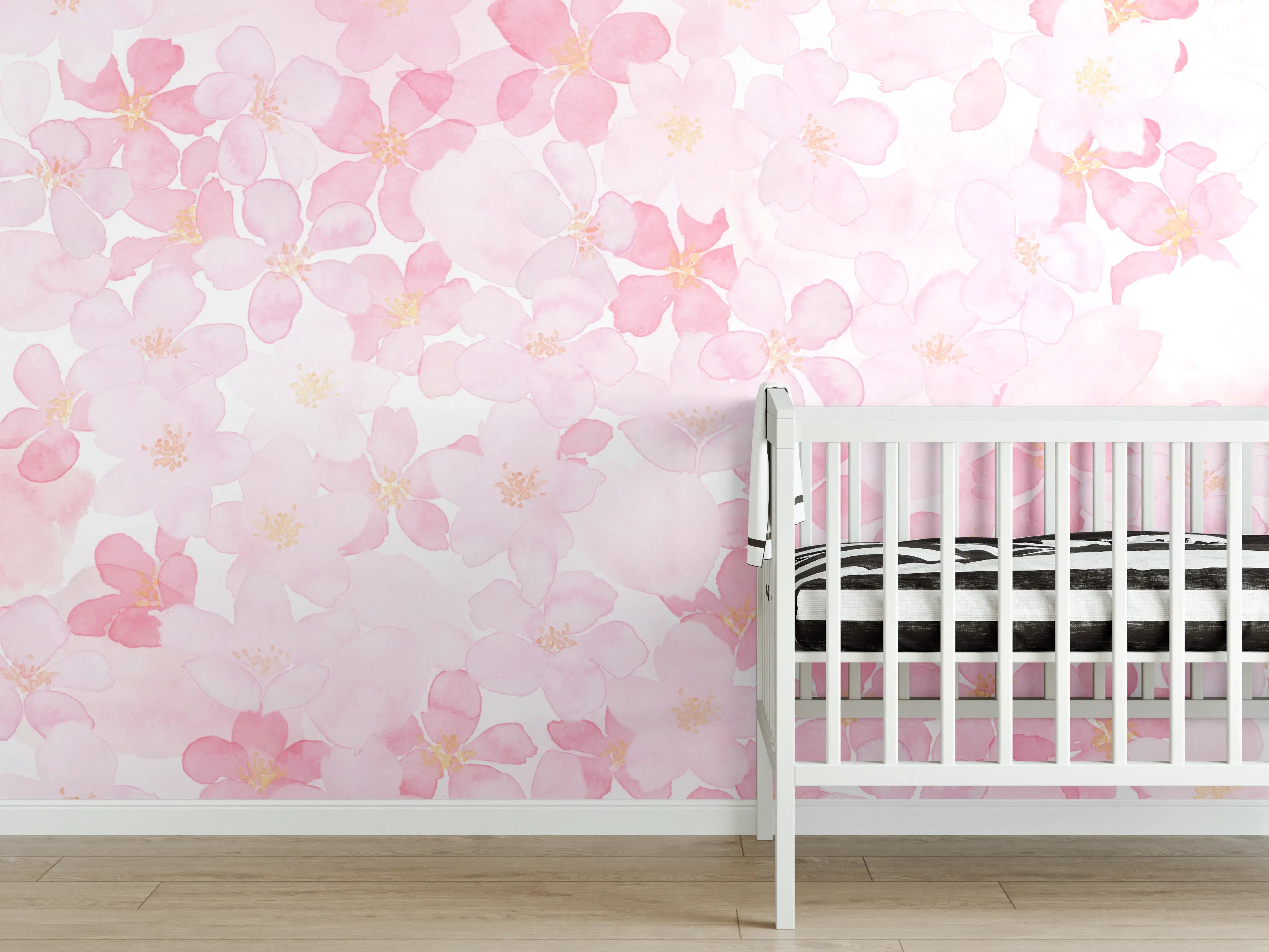 Babyzimmer Wandgestaltung - Kirschblüten auf weißem Hintergrund