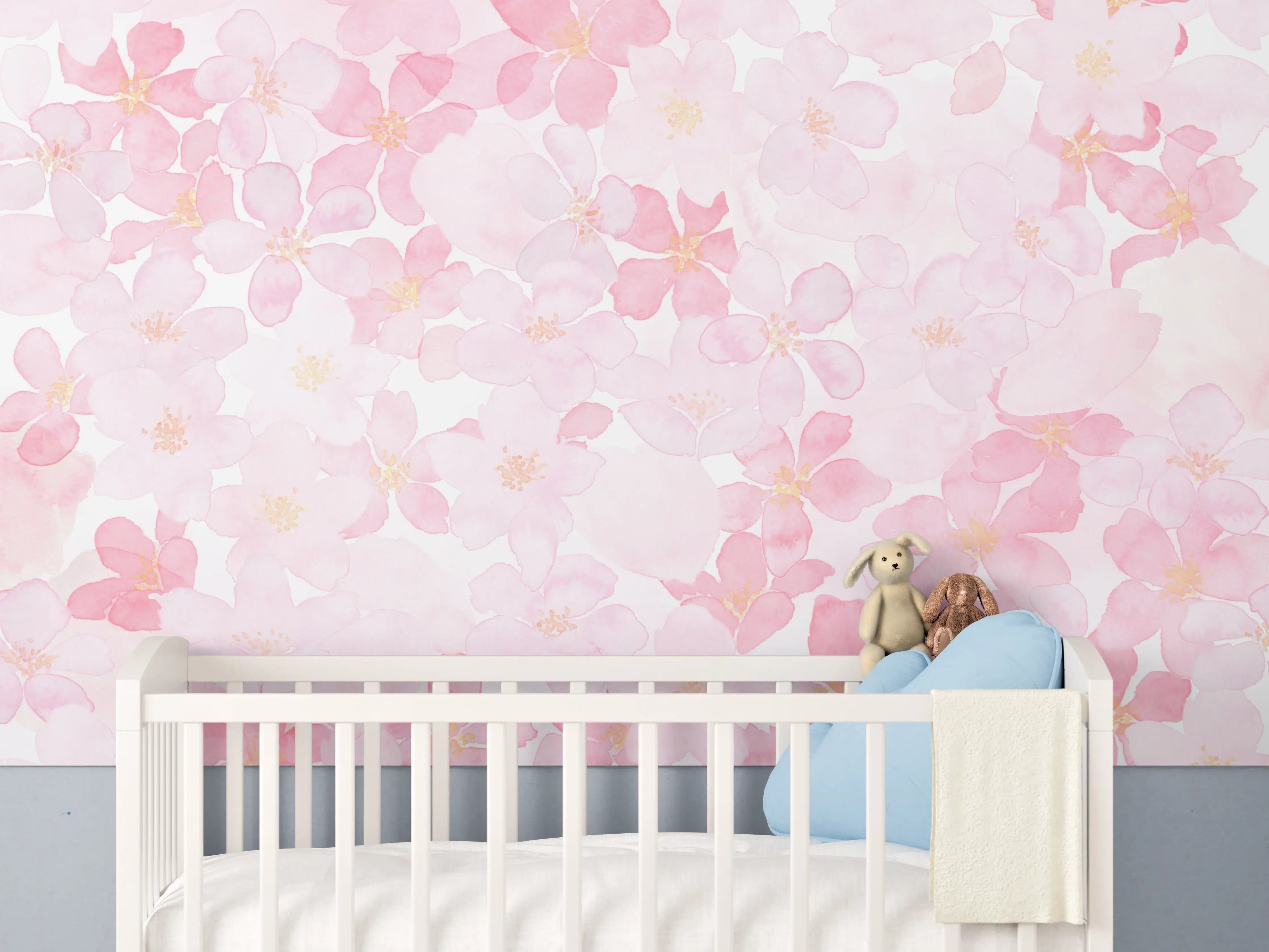 Babyzimmer Wandgestaltung - Kirschblüten auf weißem Hintergrund