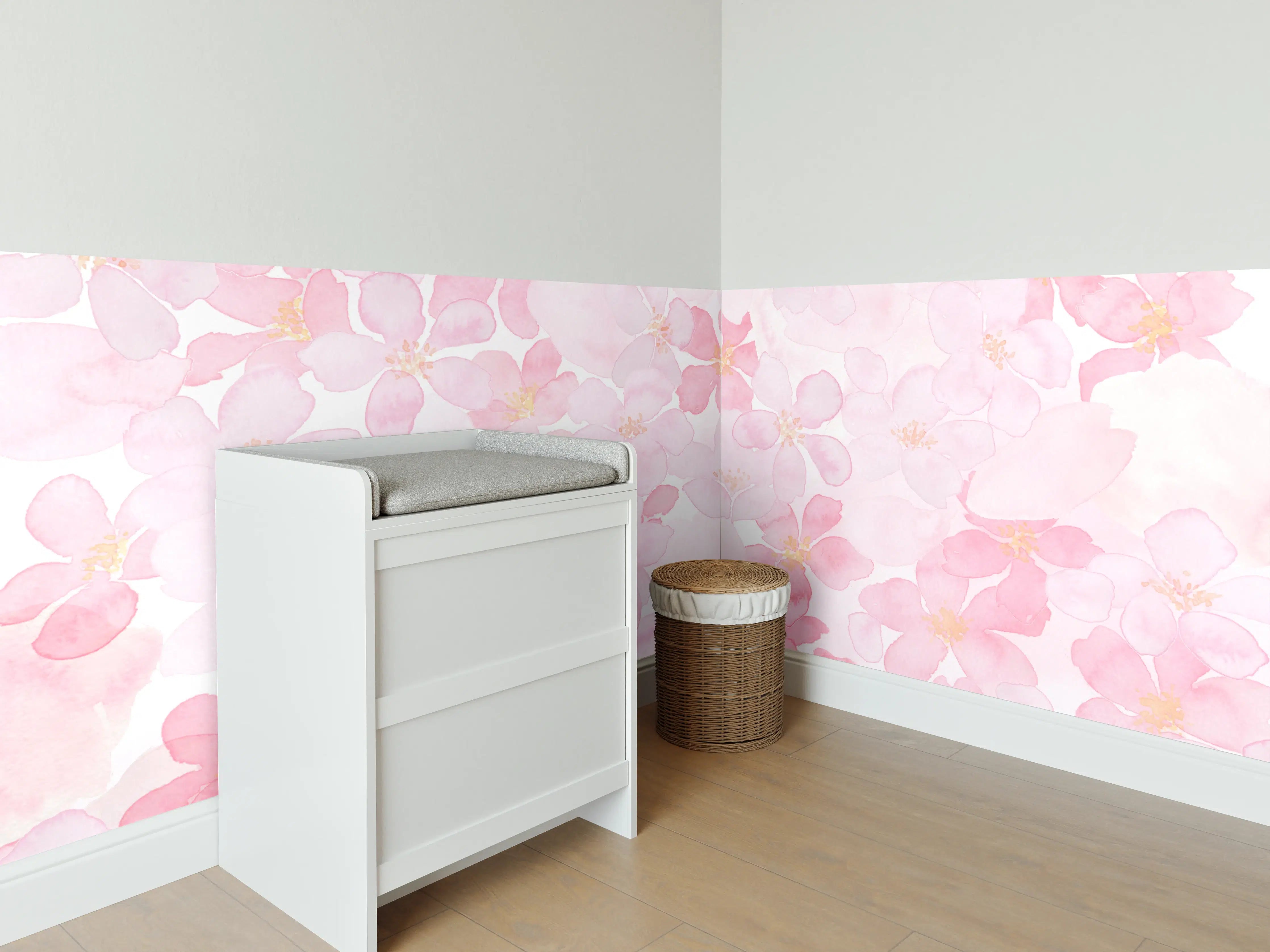 Babyzimmer Wandgestaltung - Kirschblüten auf weißem Hintergrund