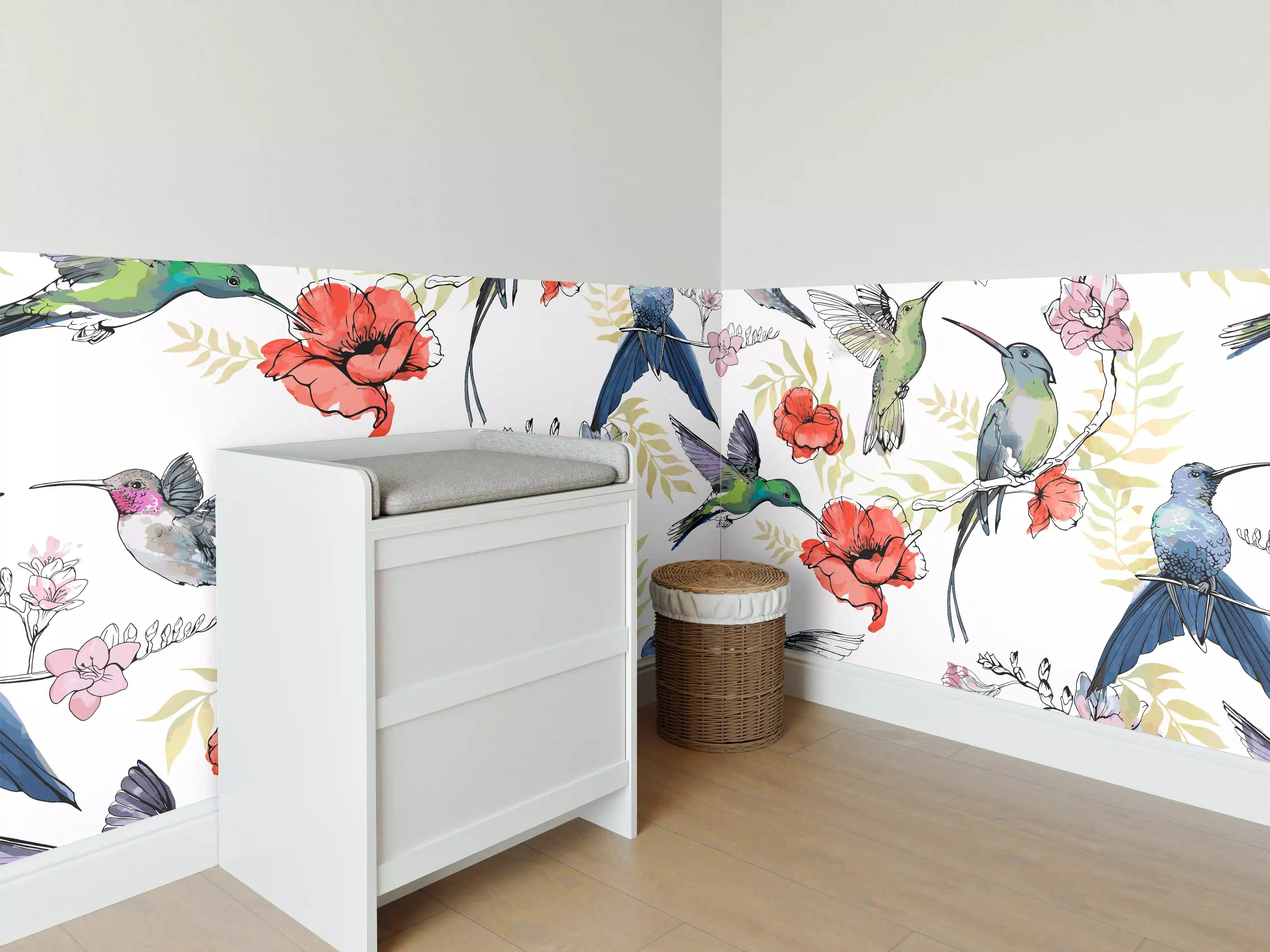 Babyzimmer Wandgestaltung - Kolibri-Blumen-Muster Textil