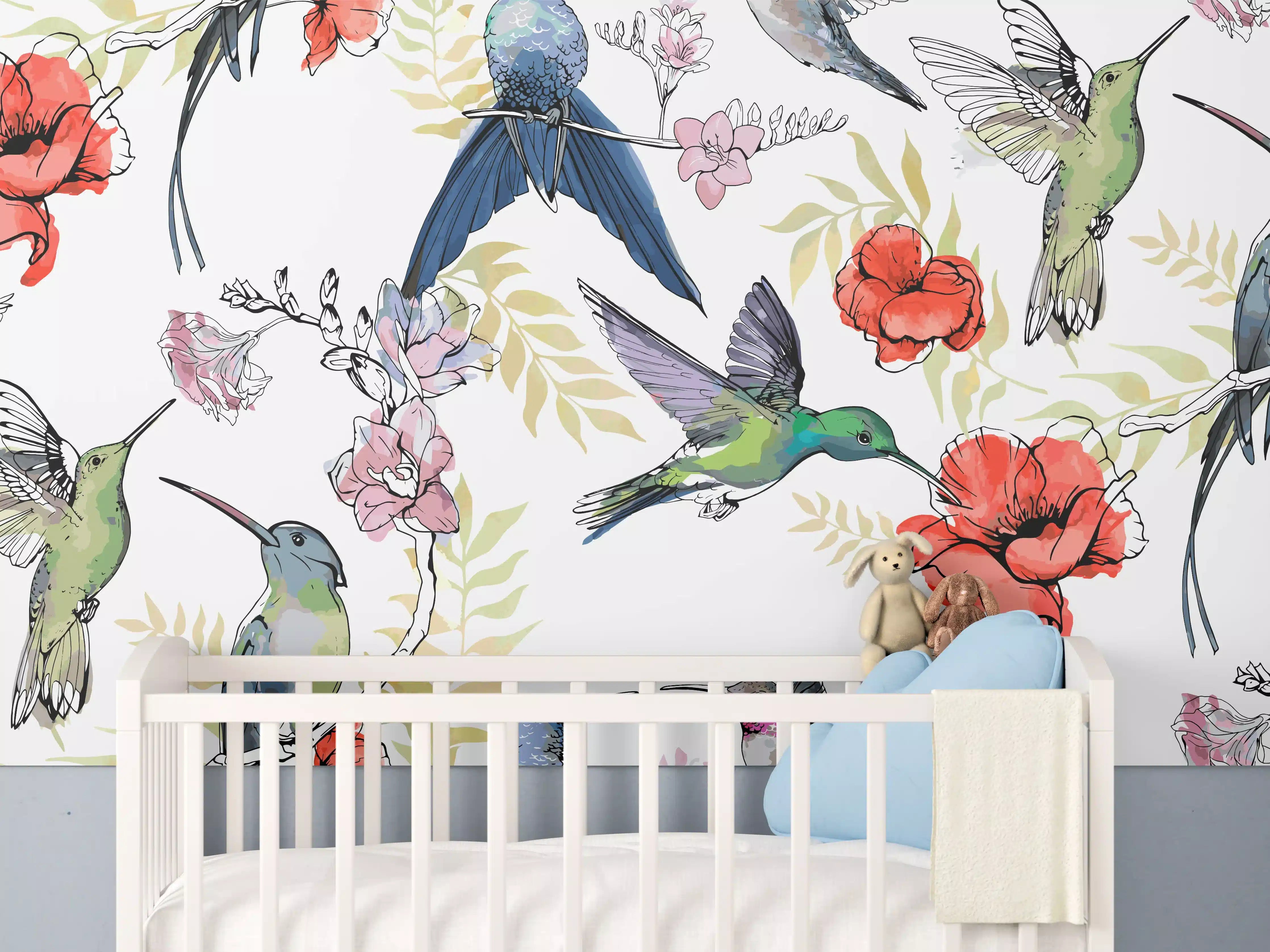 Babyzimmer Wandgestaltung - Kolibri Blumenmuster Design