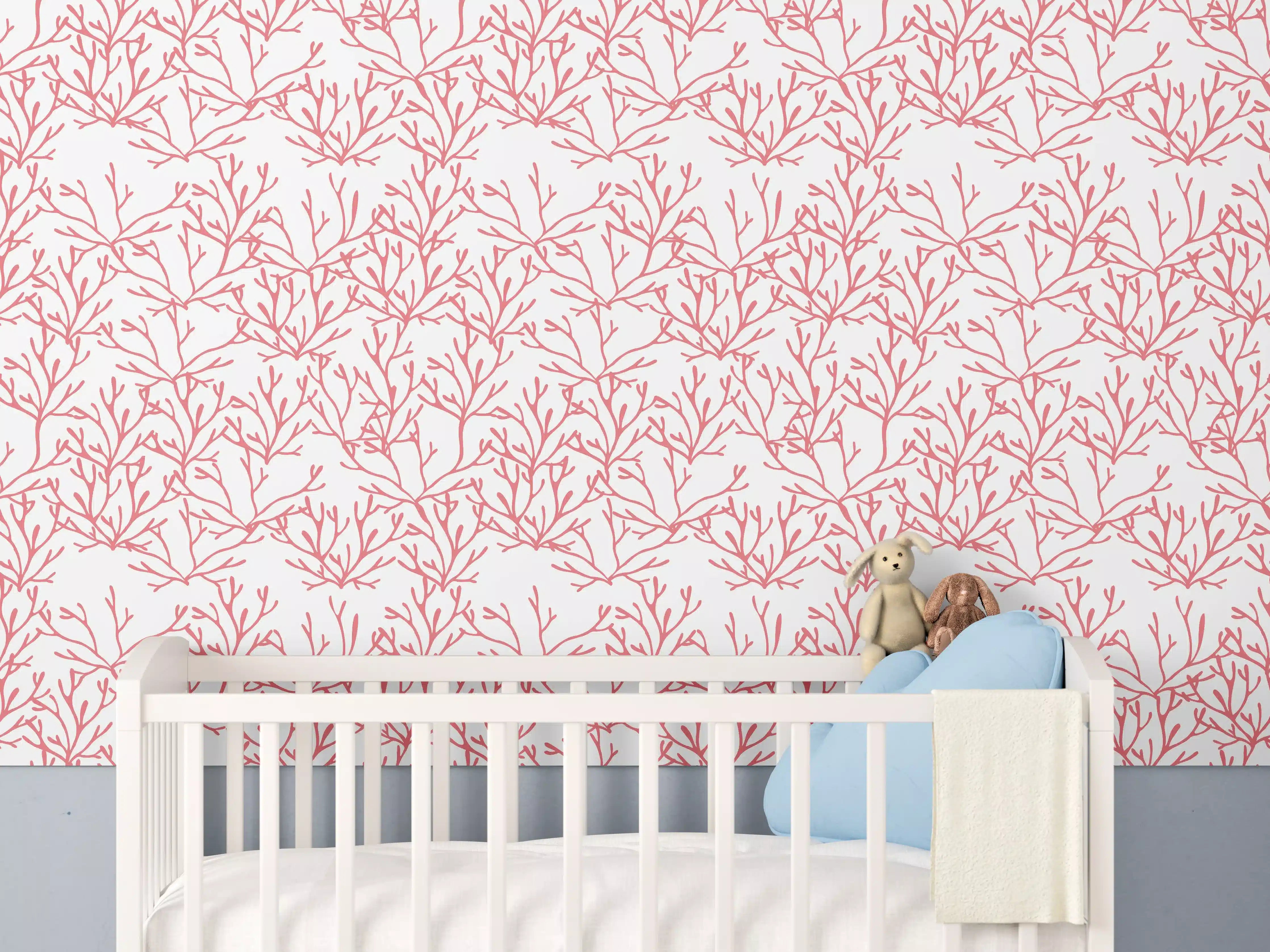 Babyzimmer Wandgestaltung - Korallenmuster Rosa auf Weiß