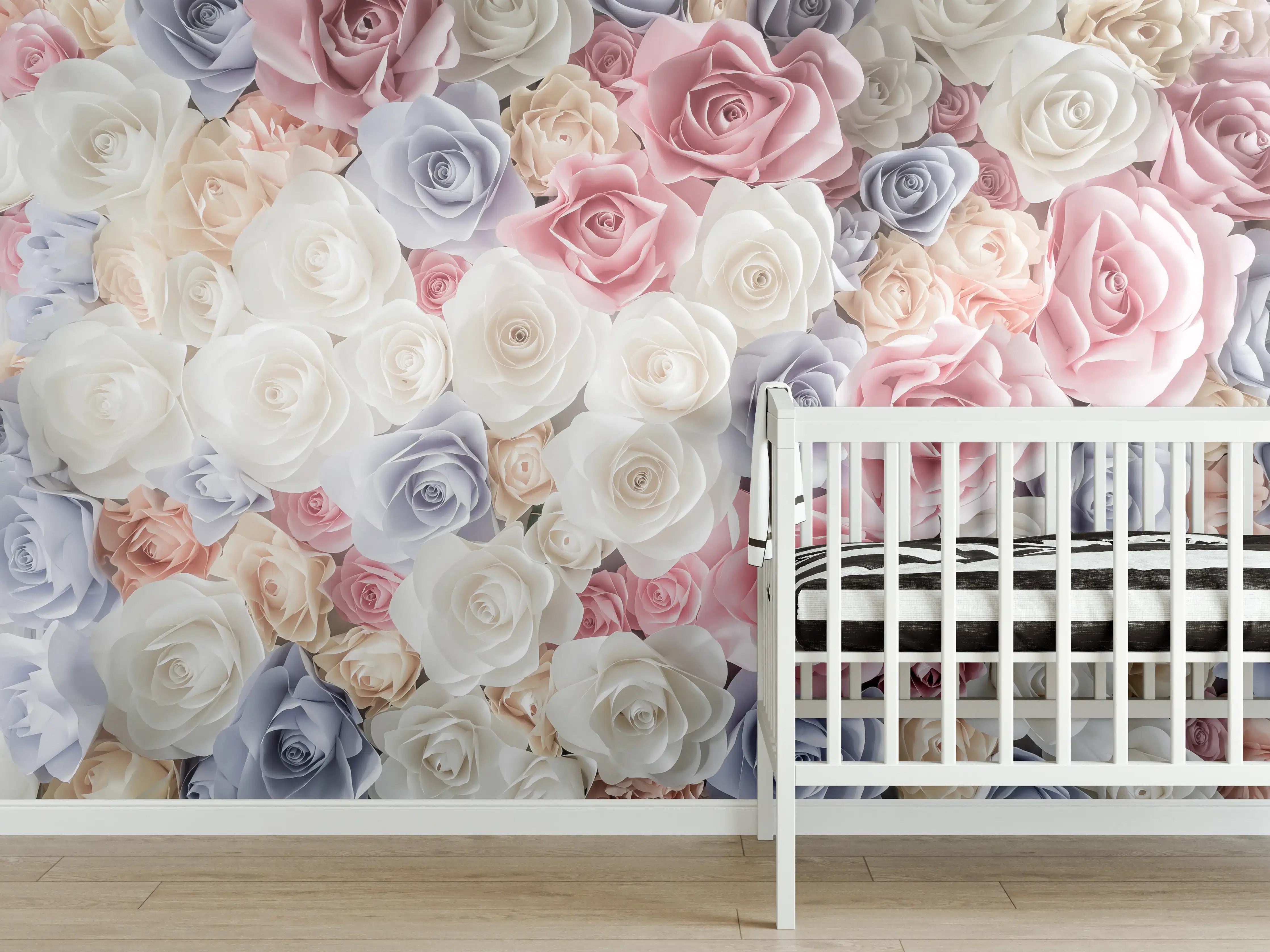 Babyzimmer Wandgestaltung - Kulisse aus bunten Papierrosen