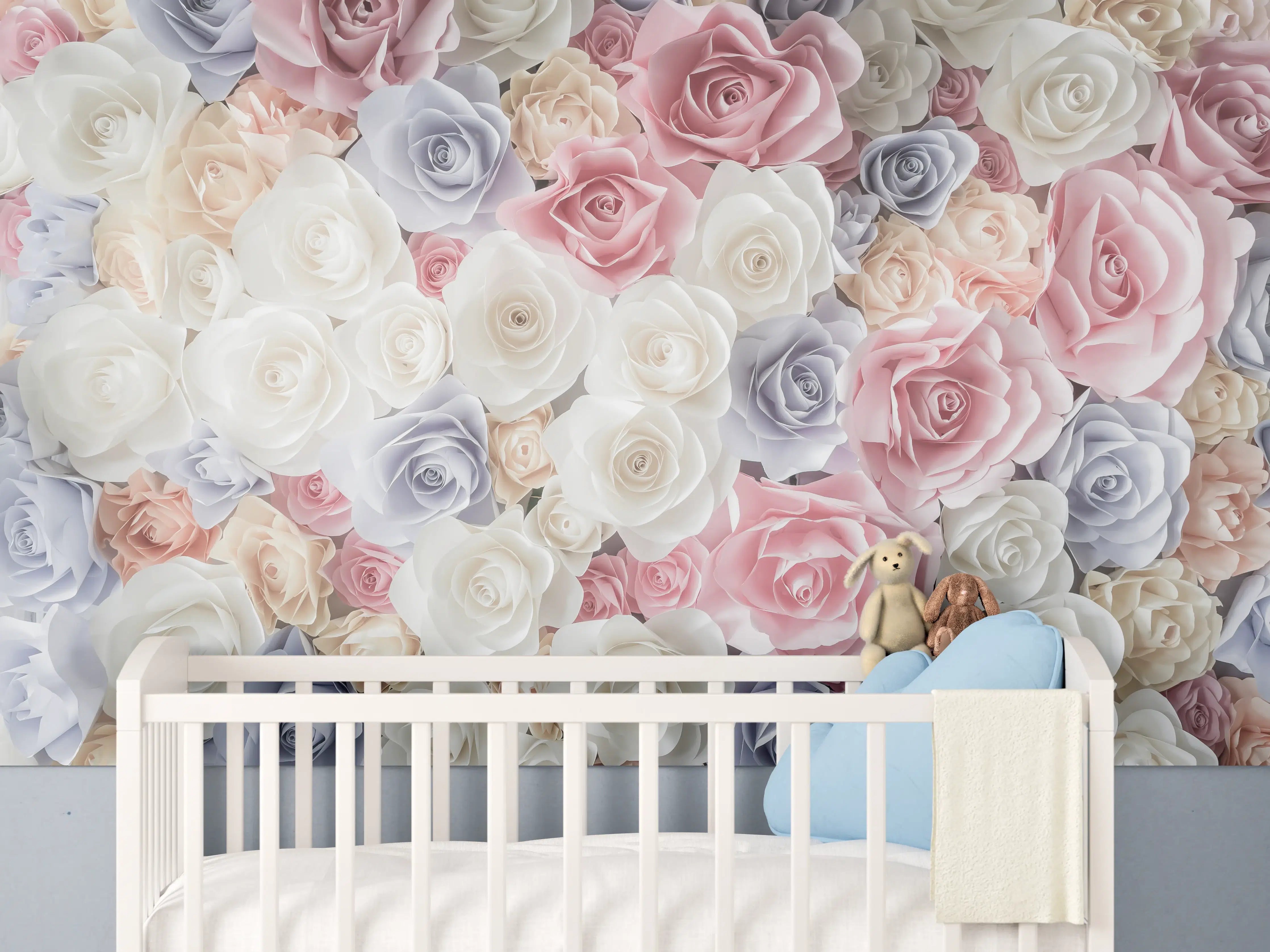 Babyzimmer Wandgestaltung - Kulisse aus bunten Papierrosen