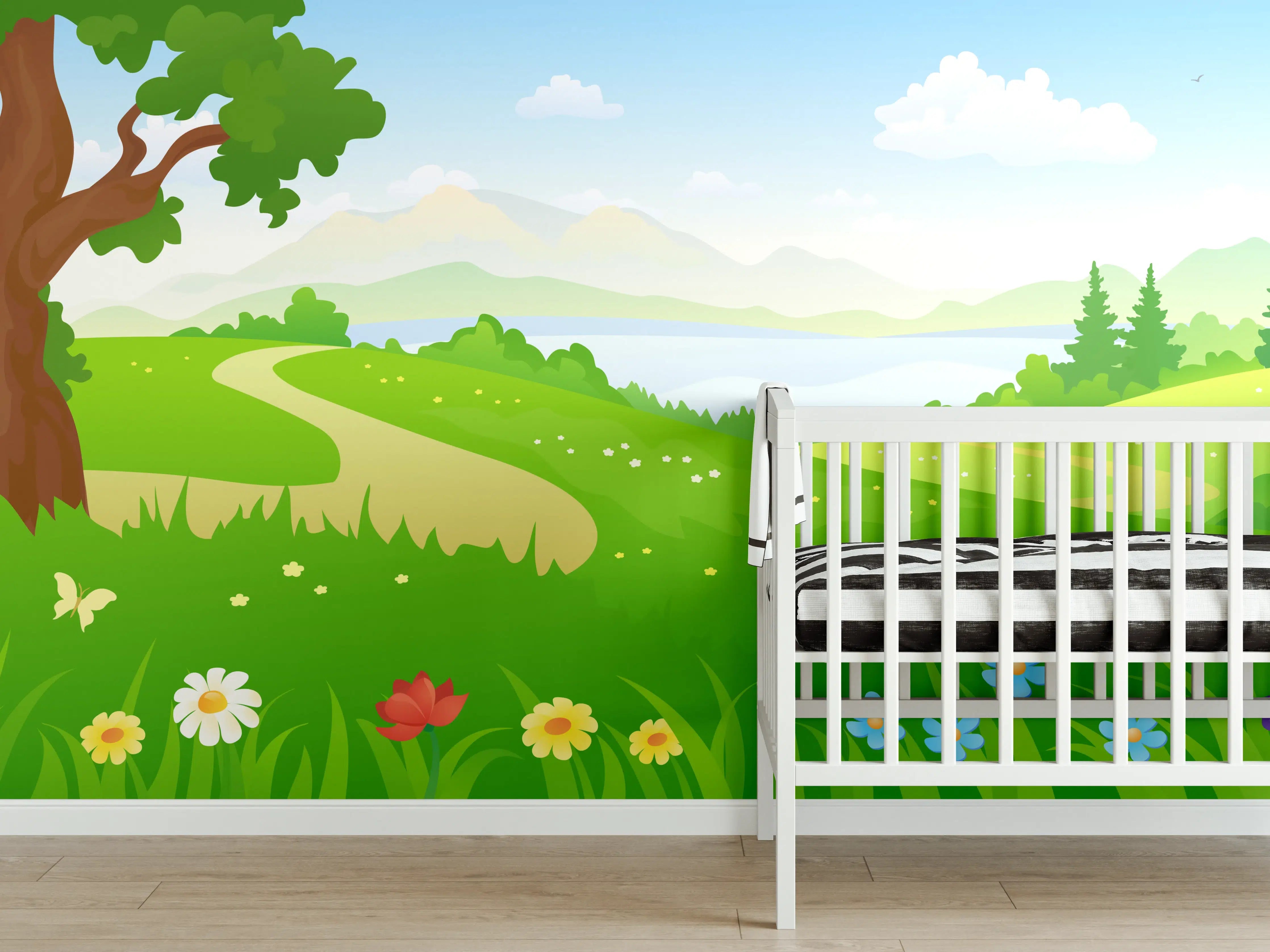 Babyzimmer Wandgestaltung - Landschaft mit Baum, Wiese und Blumen