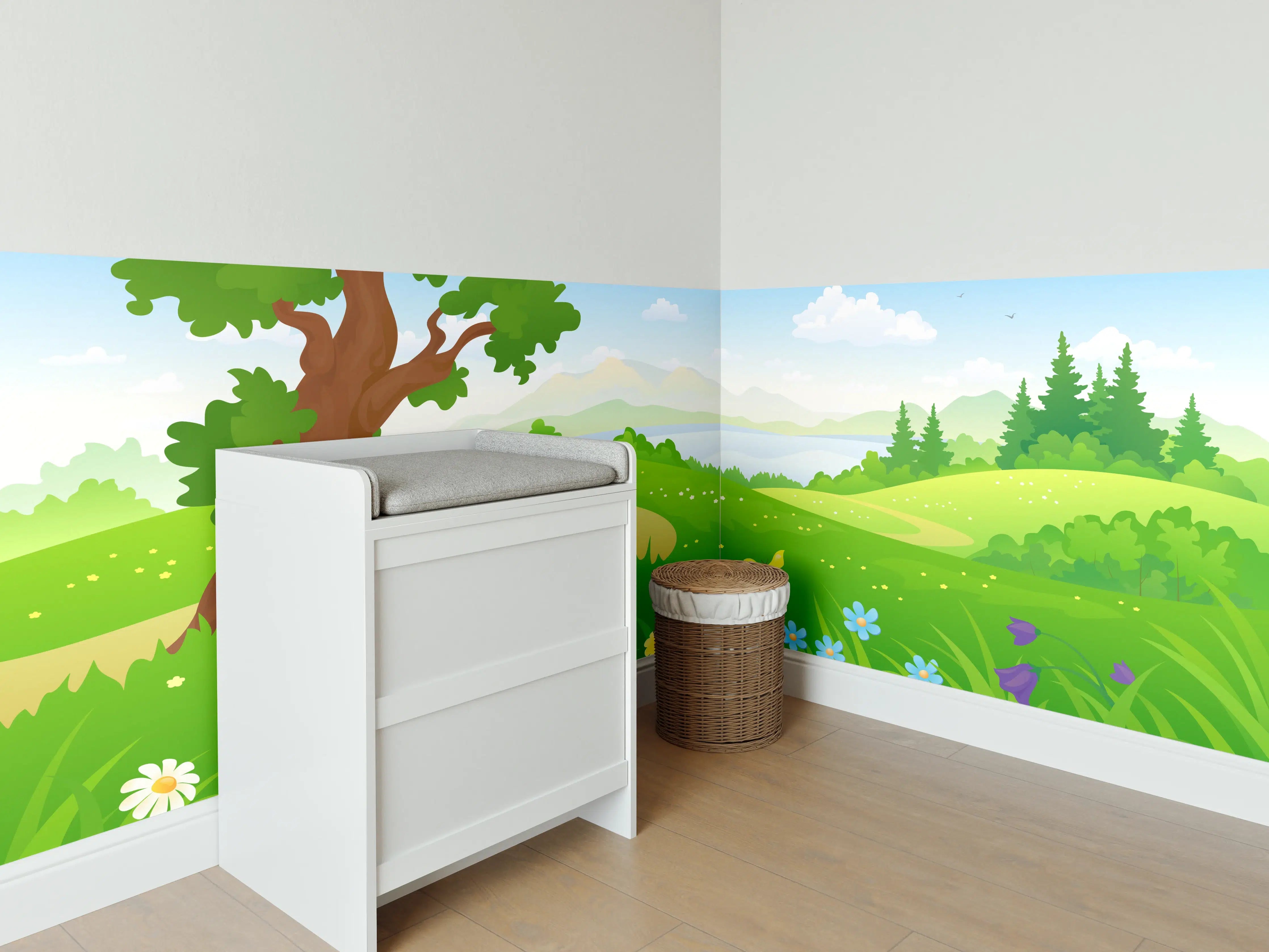 Babyzimmer Wandgestaltung - Landschaft mit Baum, Wiese und Blumen