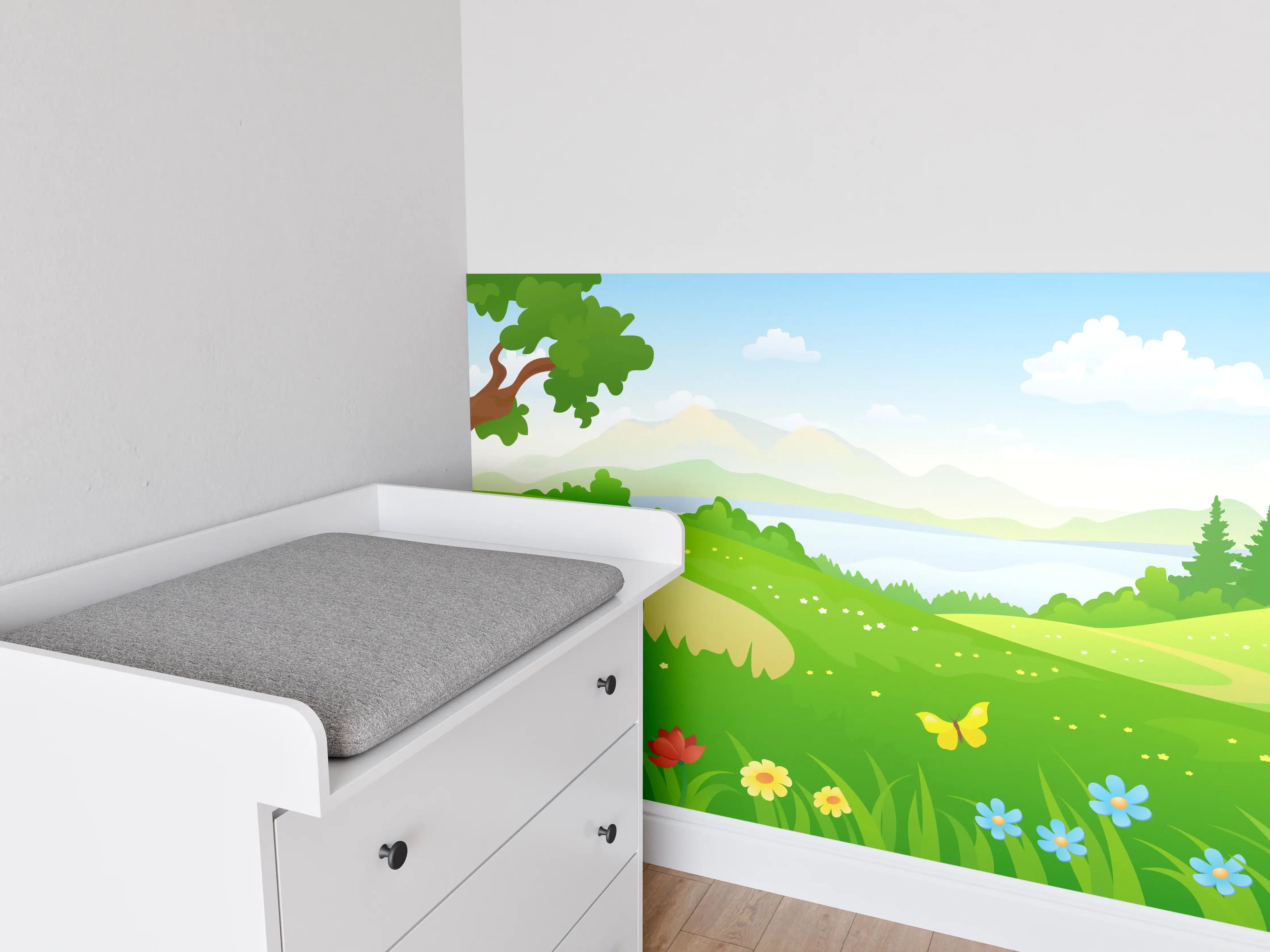 Babyzimmer Wandgestaltung - Landschaft mit Baum, Wiese und Blumen