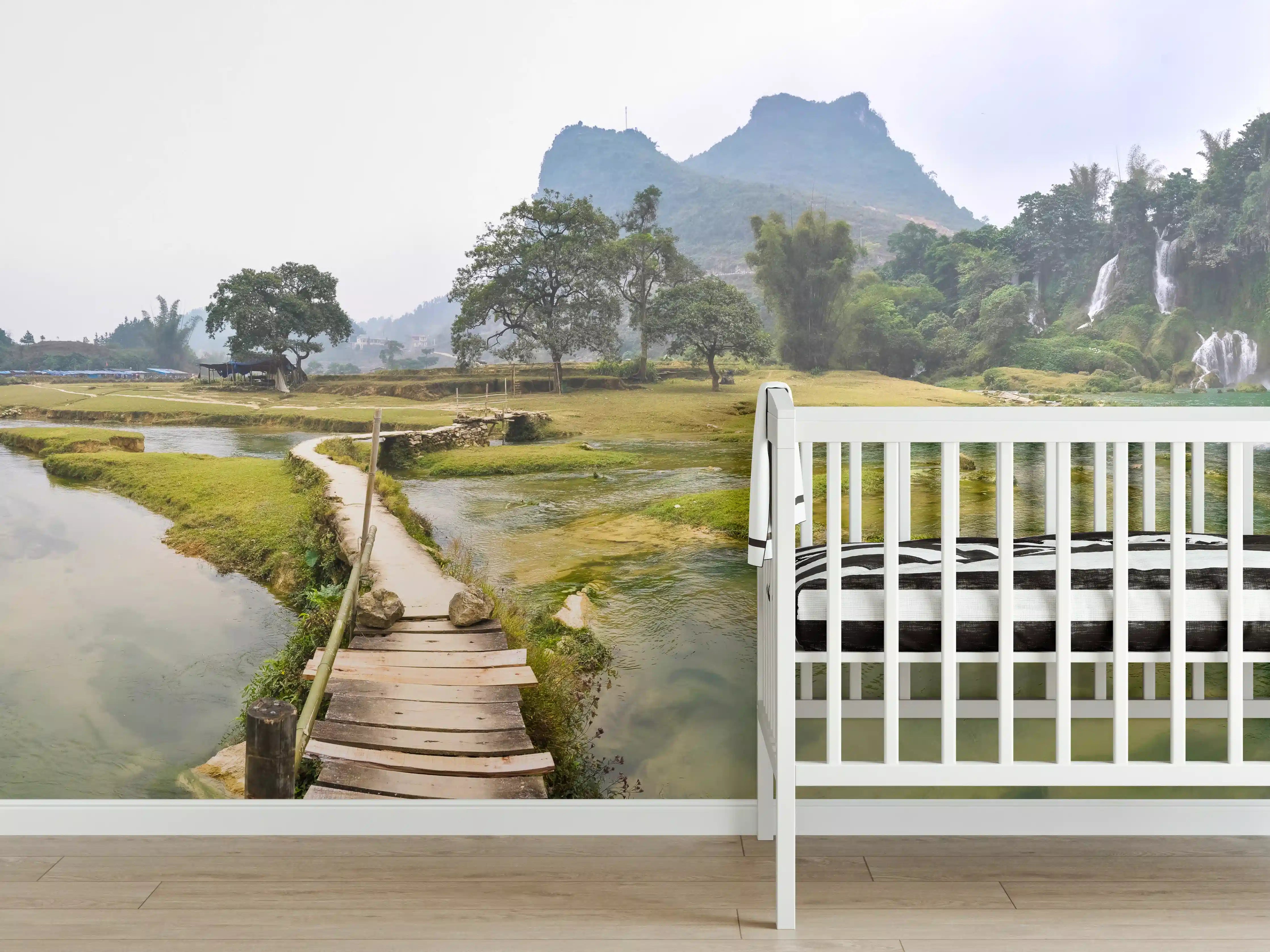 Babyzimmer Wandgestaltung - Landschaft mit Wasserfällen und Wald
