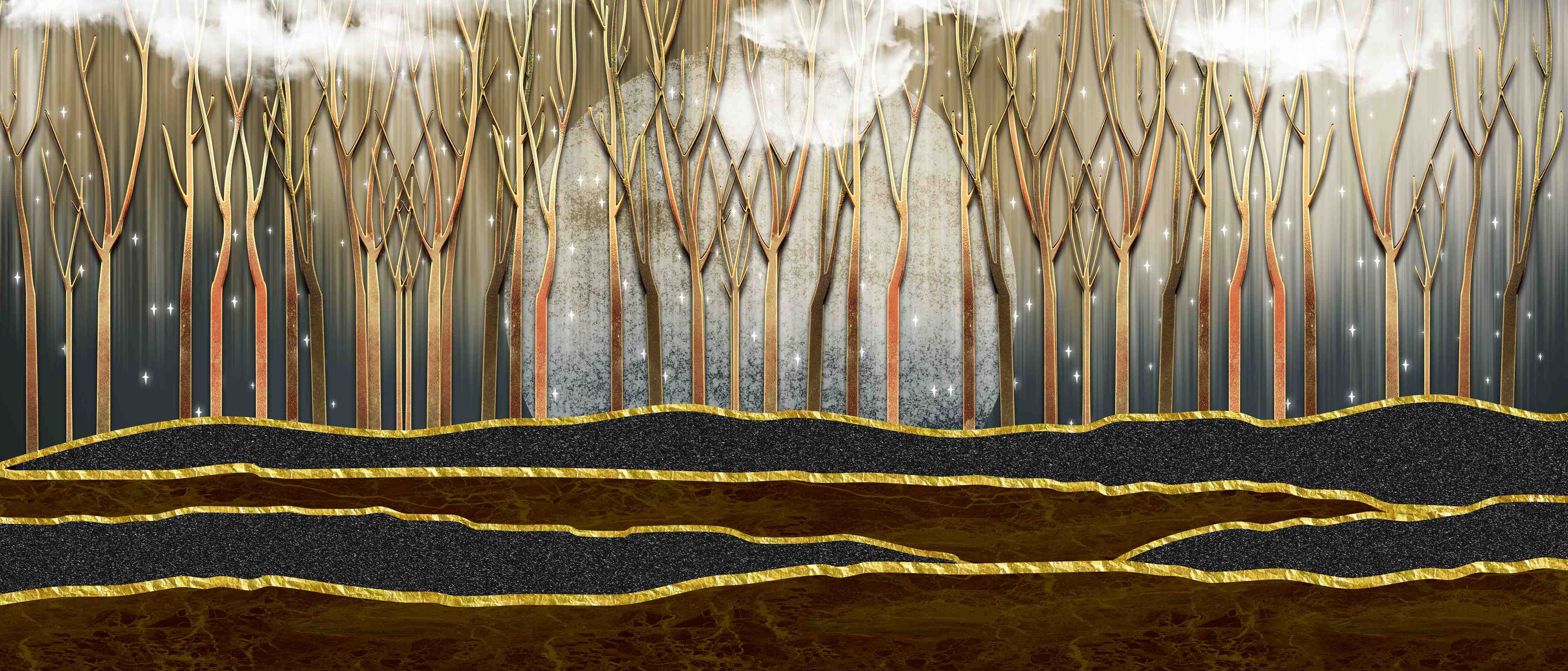 Babyzimmer Wandgestaltung-Landschafts Kunst- goldene Bäume