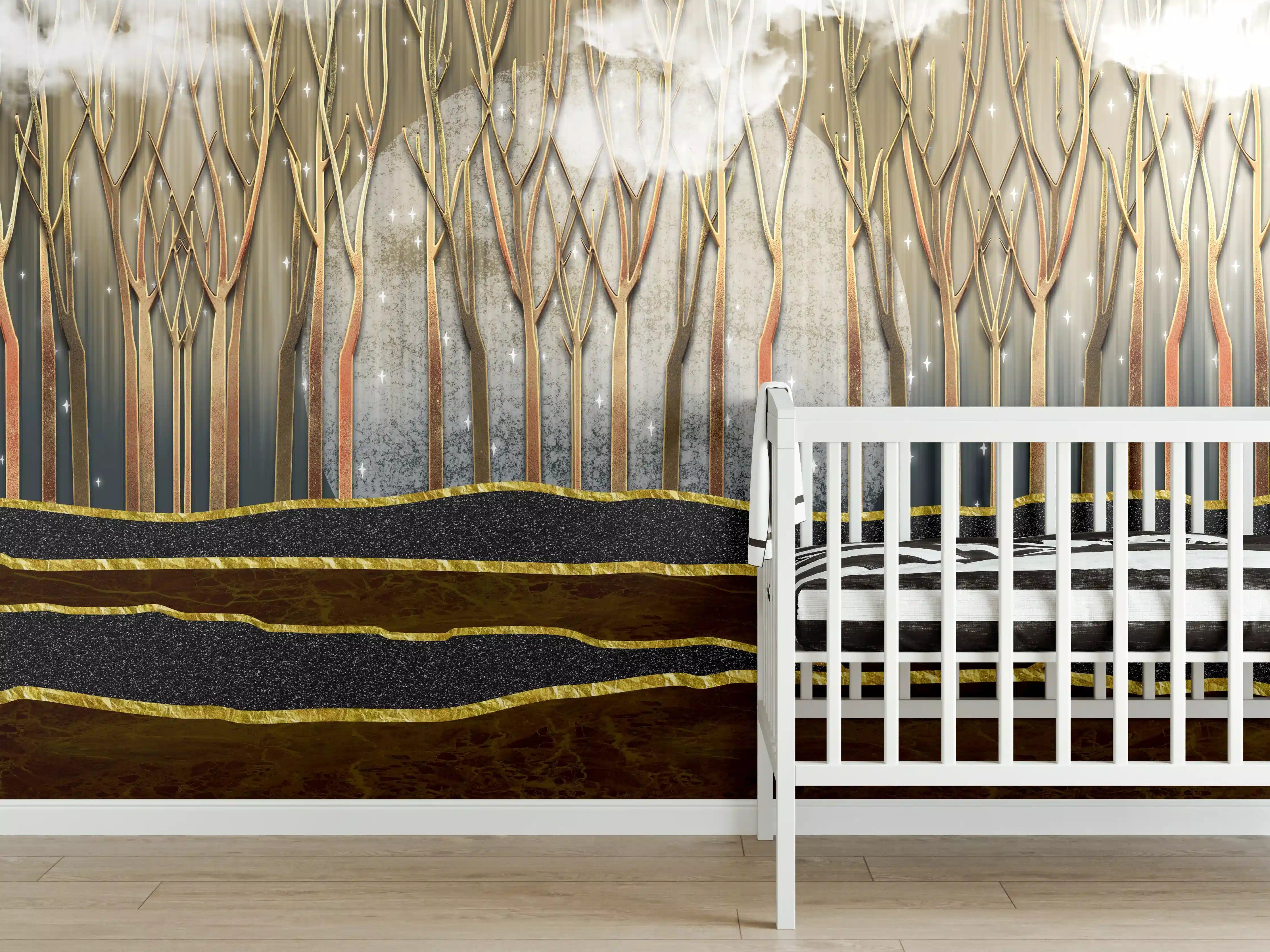 Babyzimmer Wandgestaltung - Landschafts Kunst- goldene Bäume