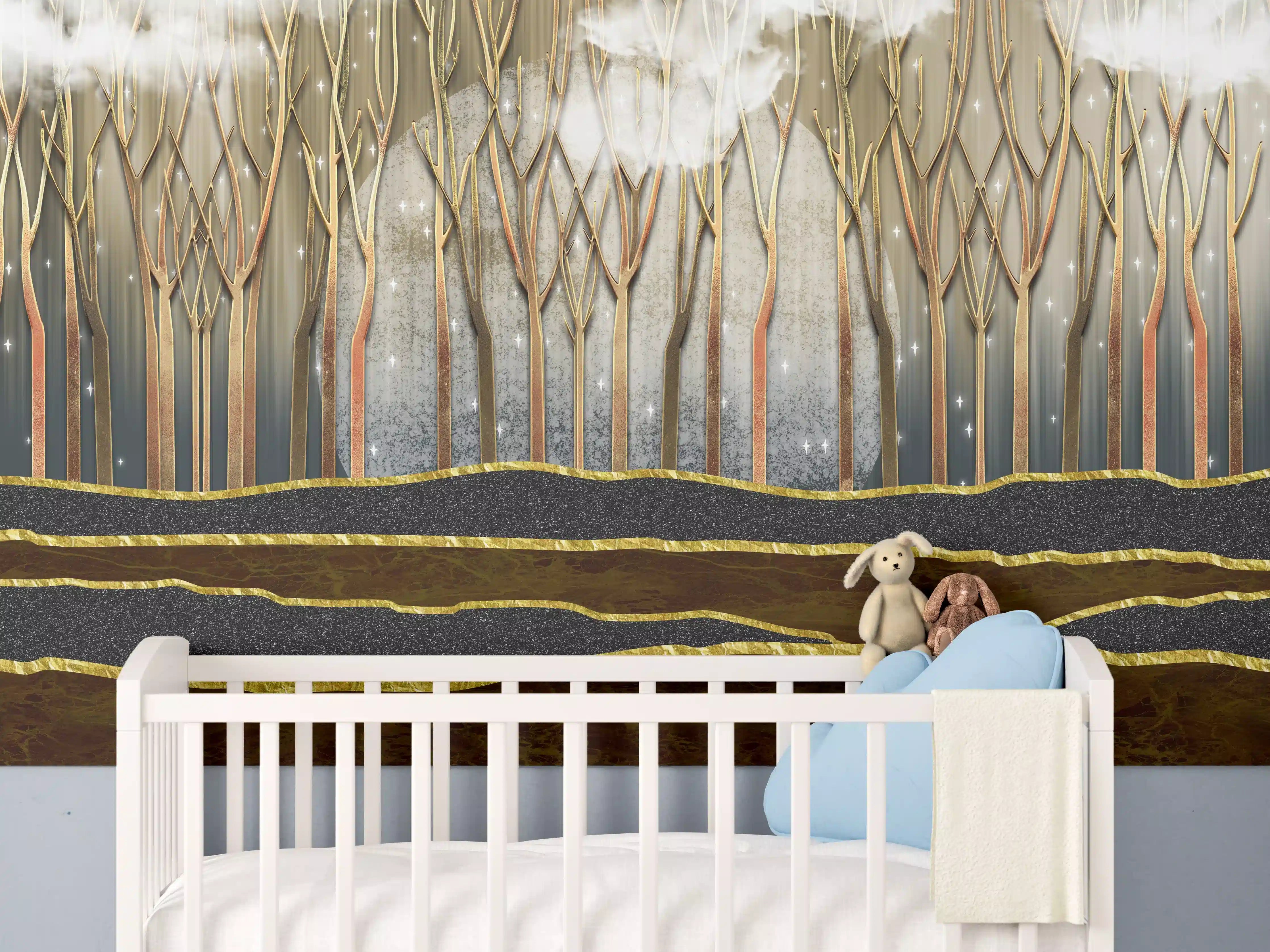 Babyzimmer Wandgestaltung - Landschafts Kunst- goldene Bäume