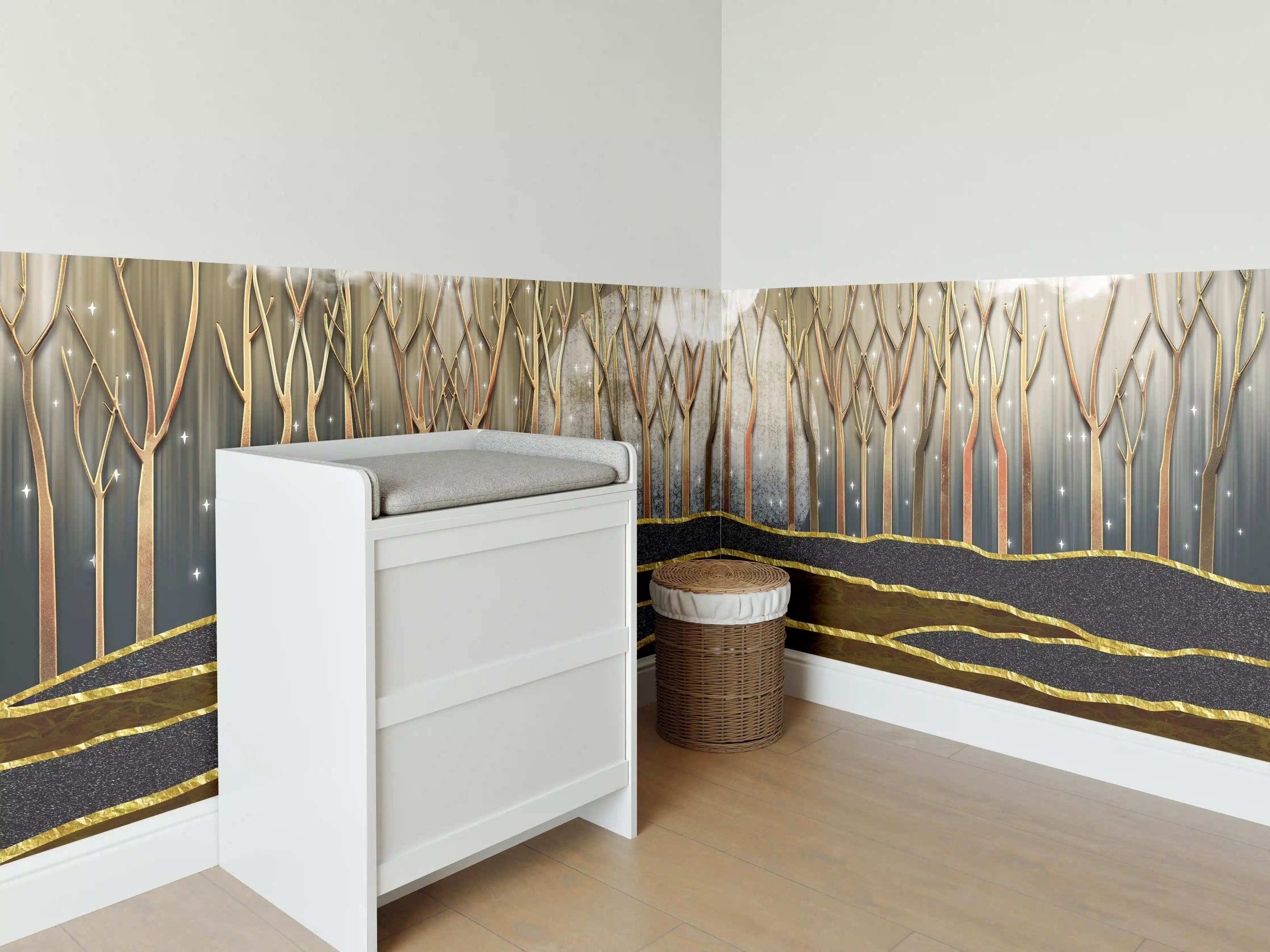 Babyzimmer Wandgestaltung - Landschafts Kunst- goldene Bäume