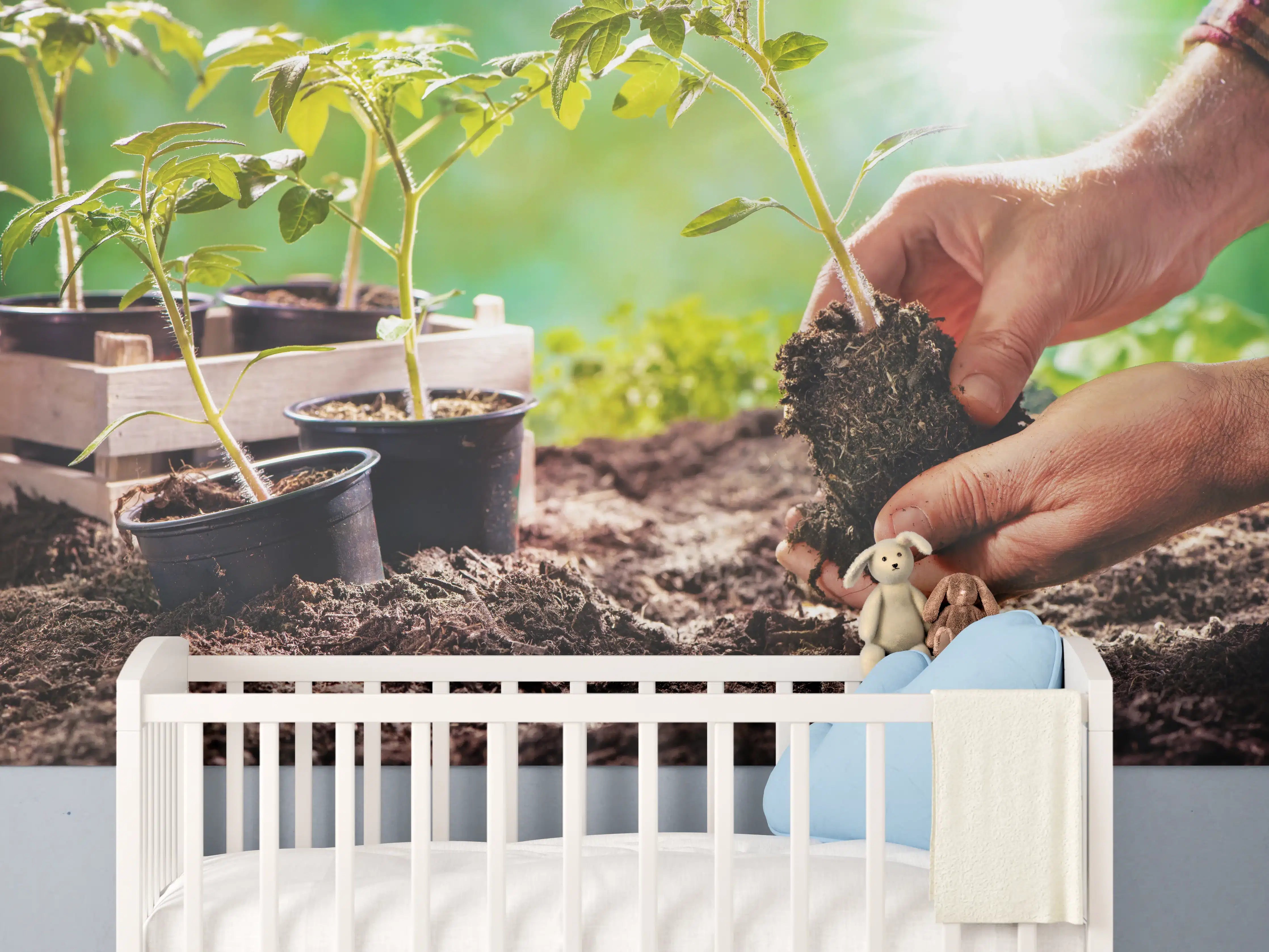 Babyzimmer Wandgestaltung - Landwirt pflanzt Tomatensetzlinge