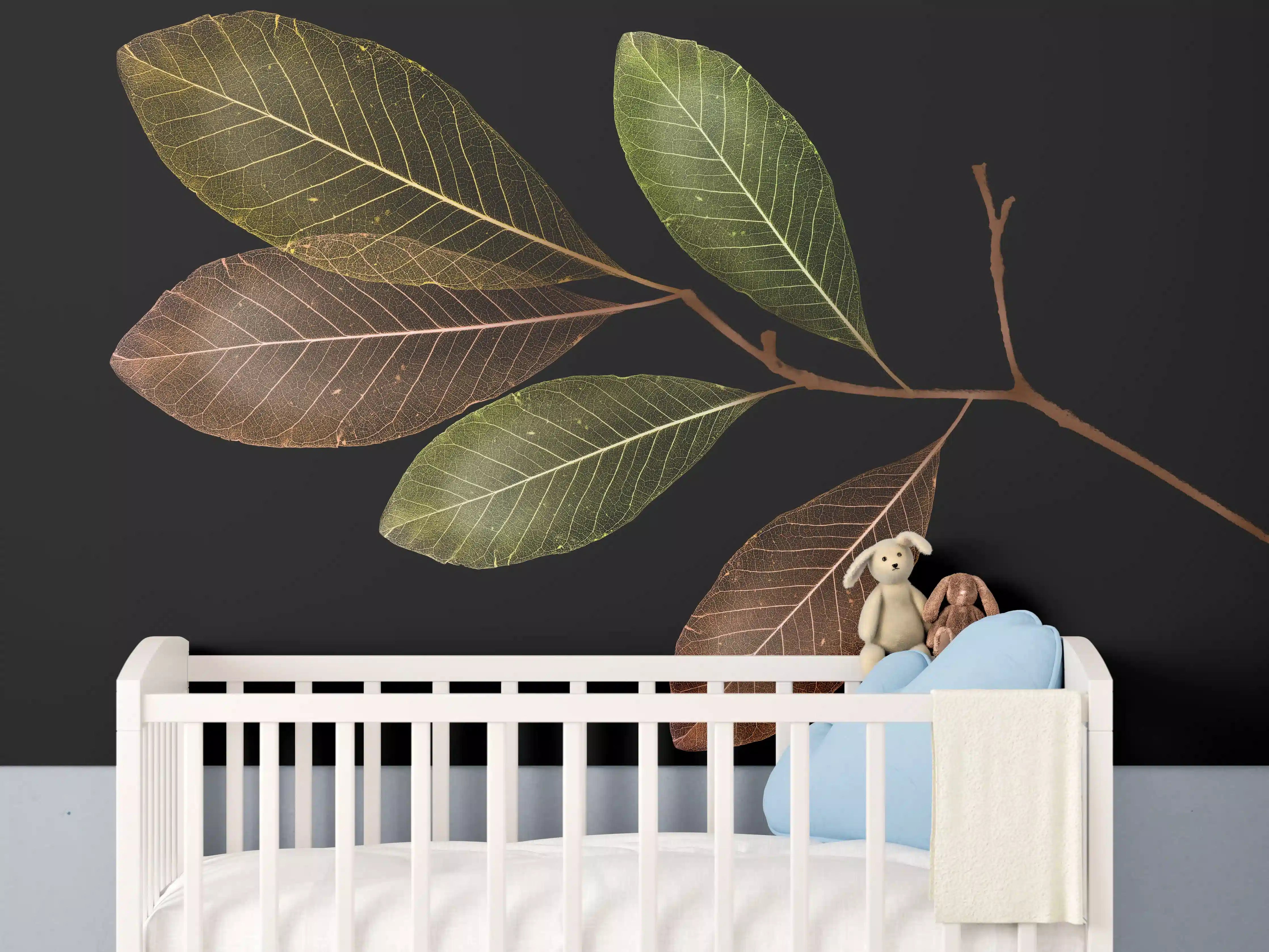 Babyzimmer Wandgestaltung - Laubzweig Grün-Braun Textur