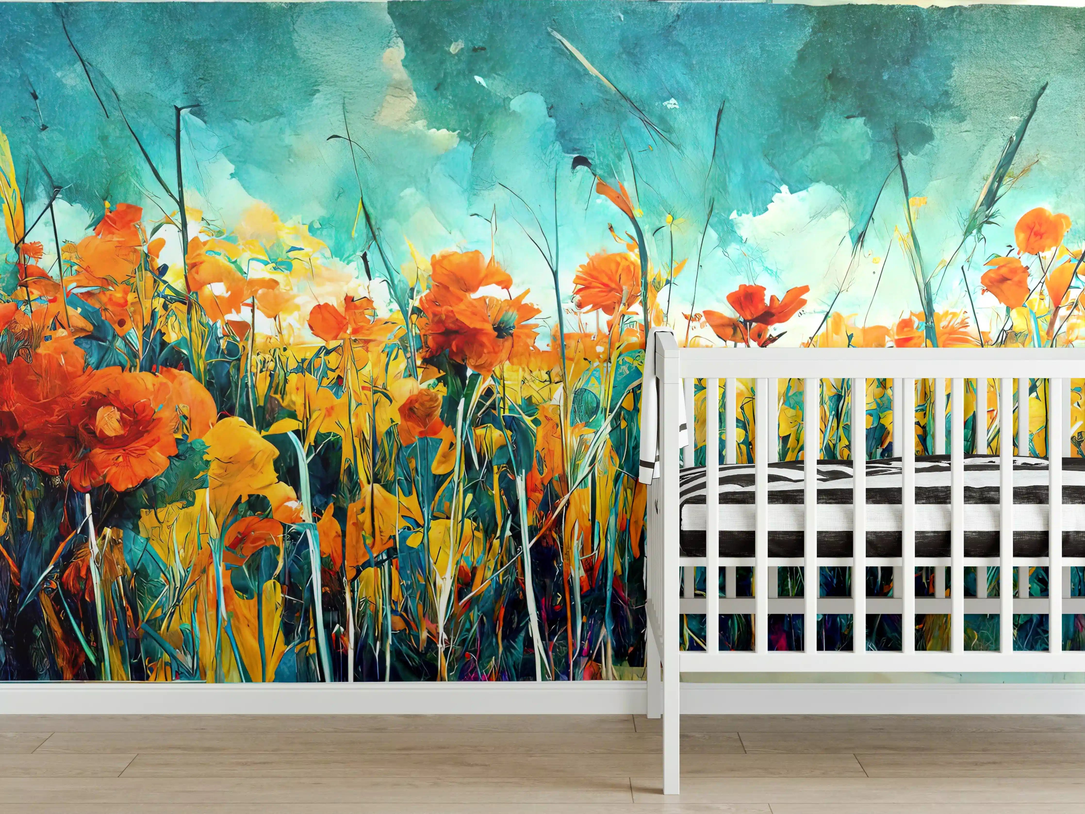 Babyzimmer Wandgestaltung - Lebendige Blumenwiese in Aquarellfarben
