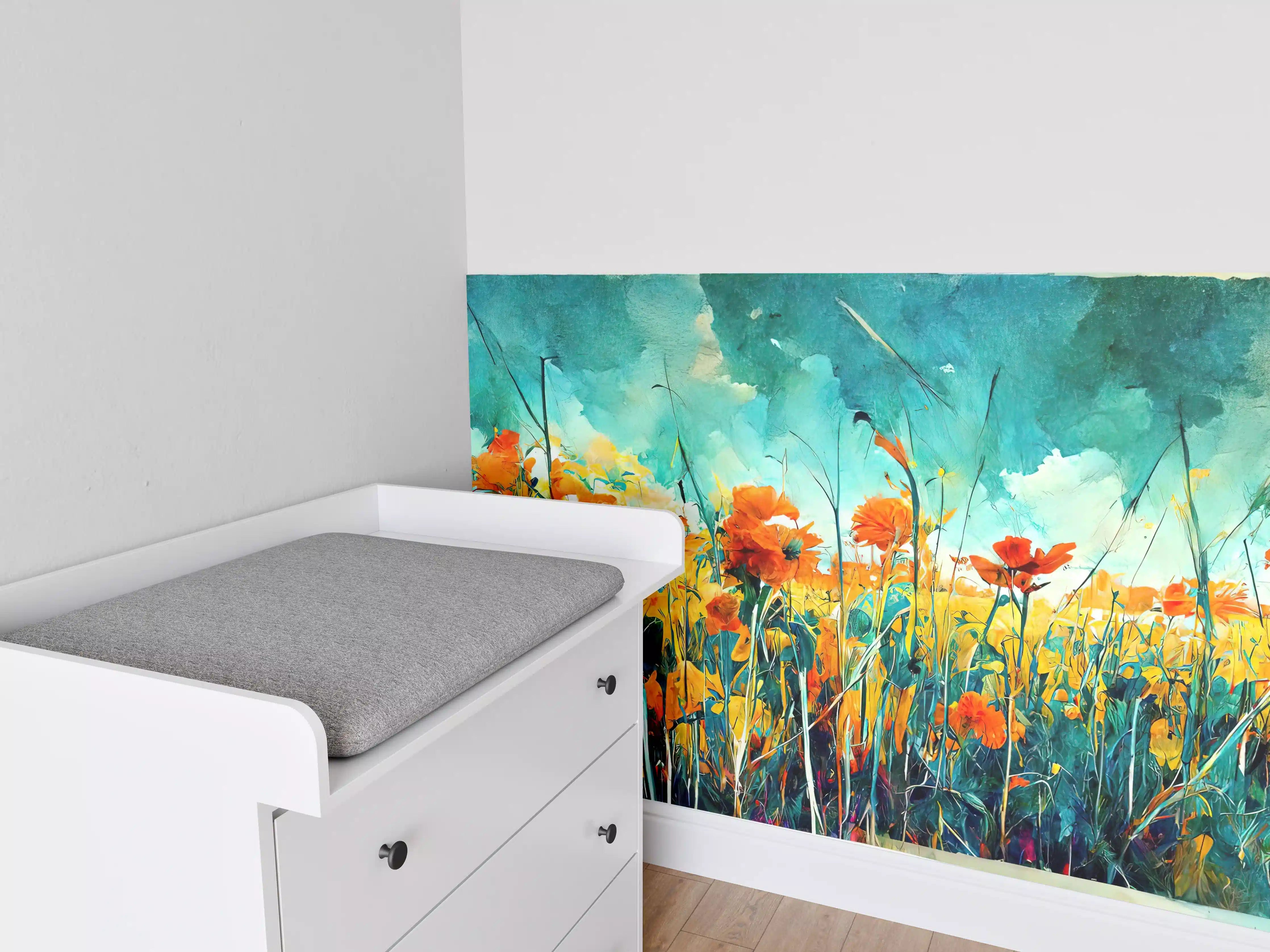 Babyzimmer Wandgestaltung - Lebendige Blumenwiese in Aquarellfarben