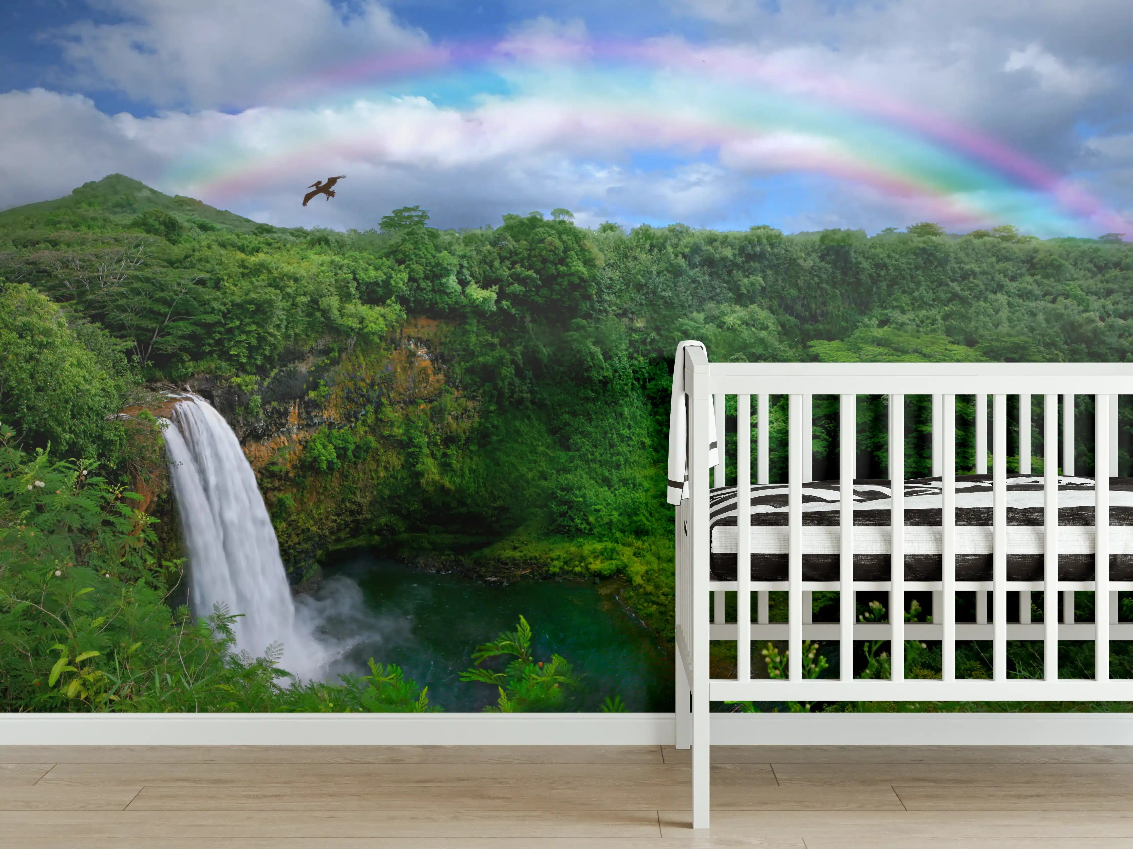 Babyzimmer Wandgestaltung - Lebendige Naturlandschaft mit Wasserfall und Regenbogen