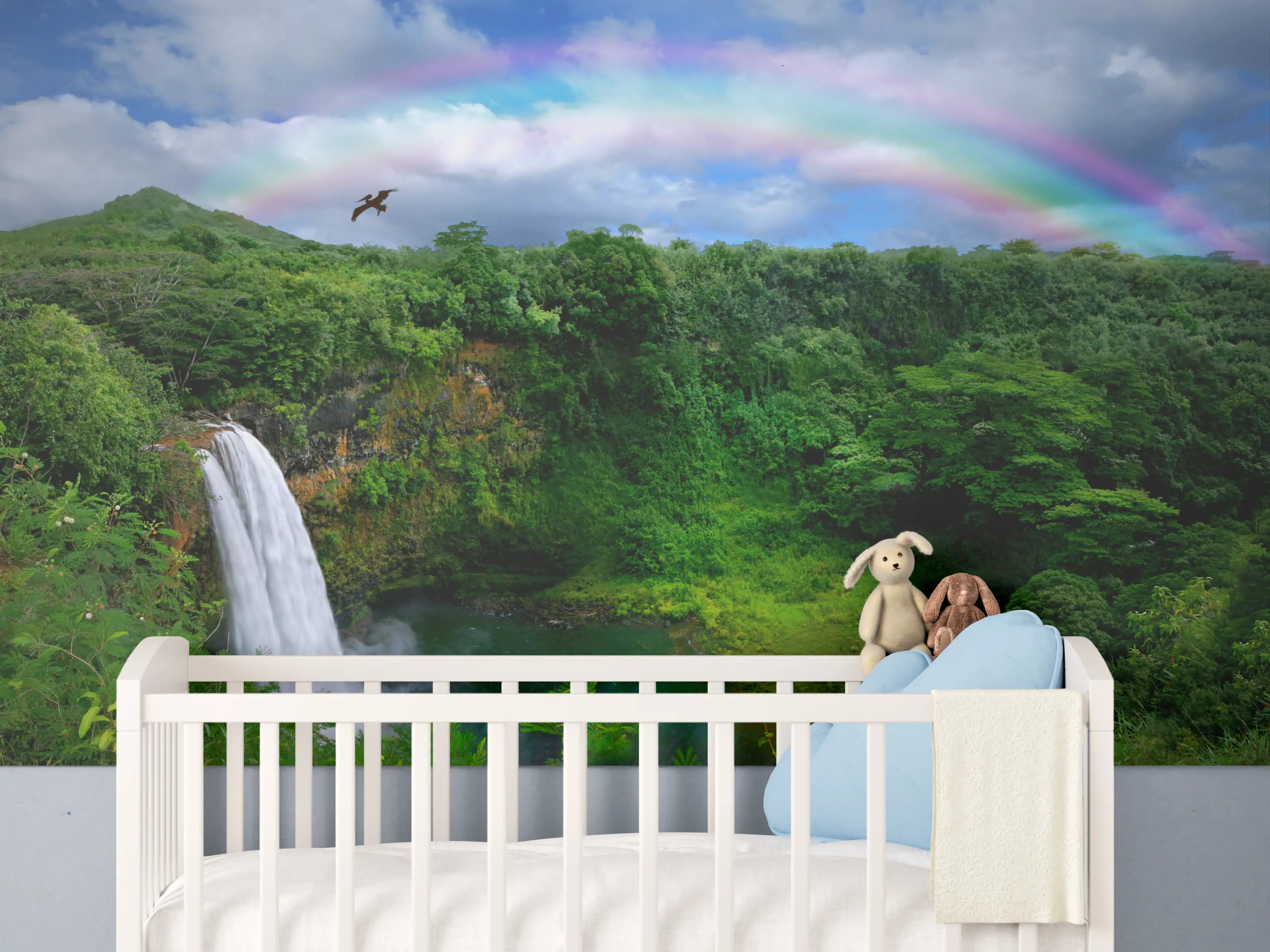 Babyzimmer Wandgestaltung - Lebendige Naturlandschaft mit Wasserfall und Regenbogen