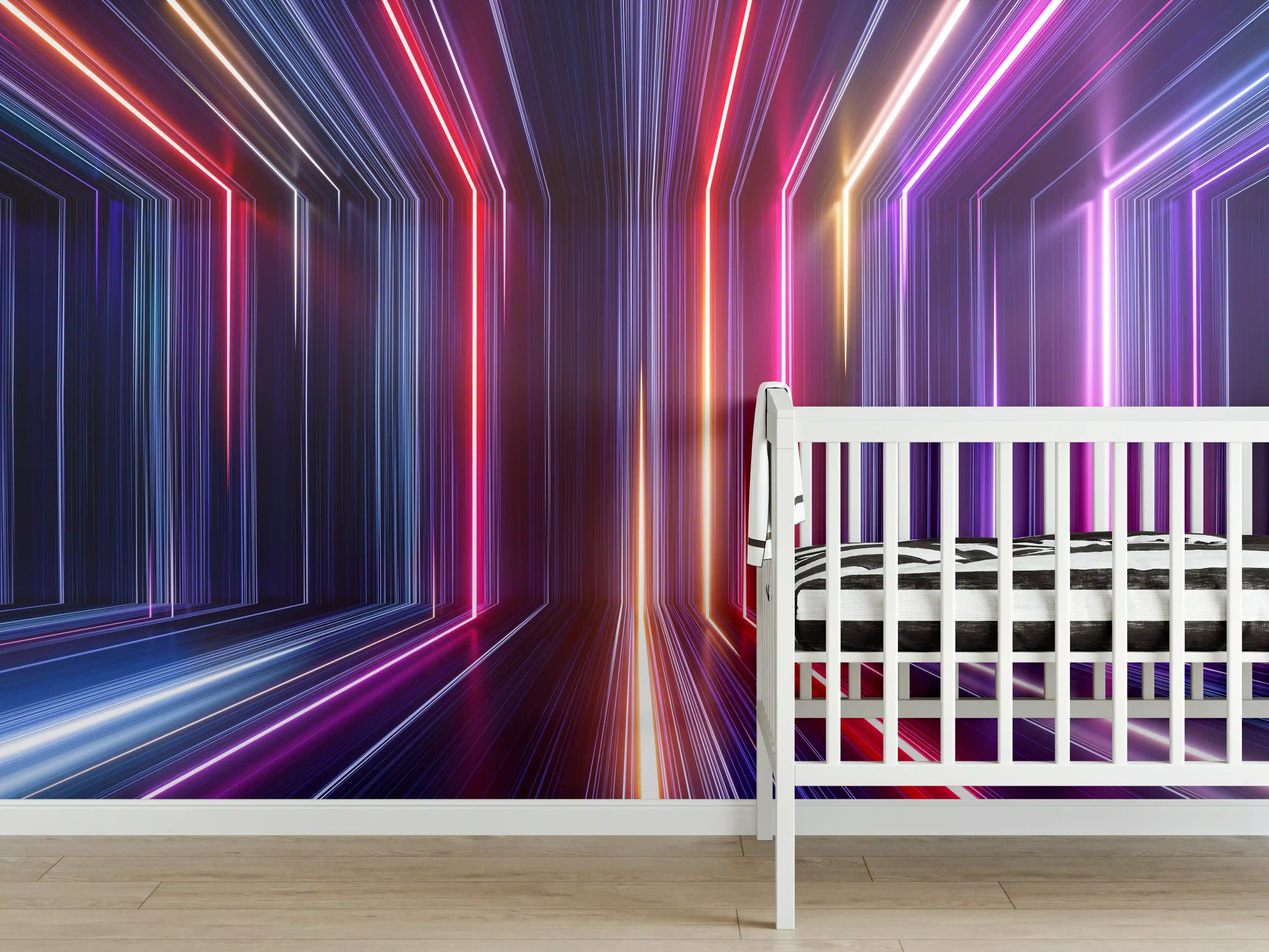 Babyzimmer Wandgestaltung - Lebendige Neon-Lichterkabine in dunklem Raum