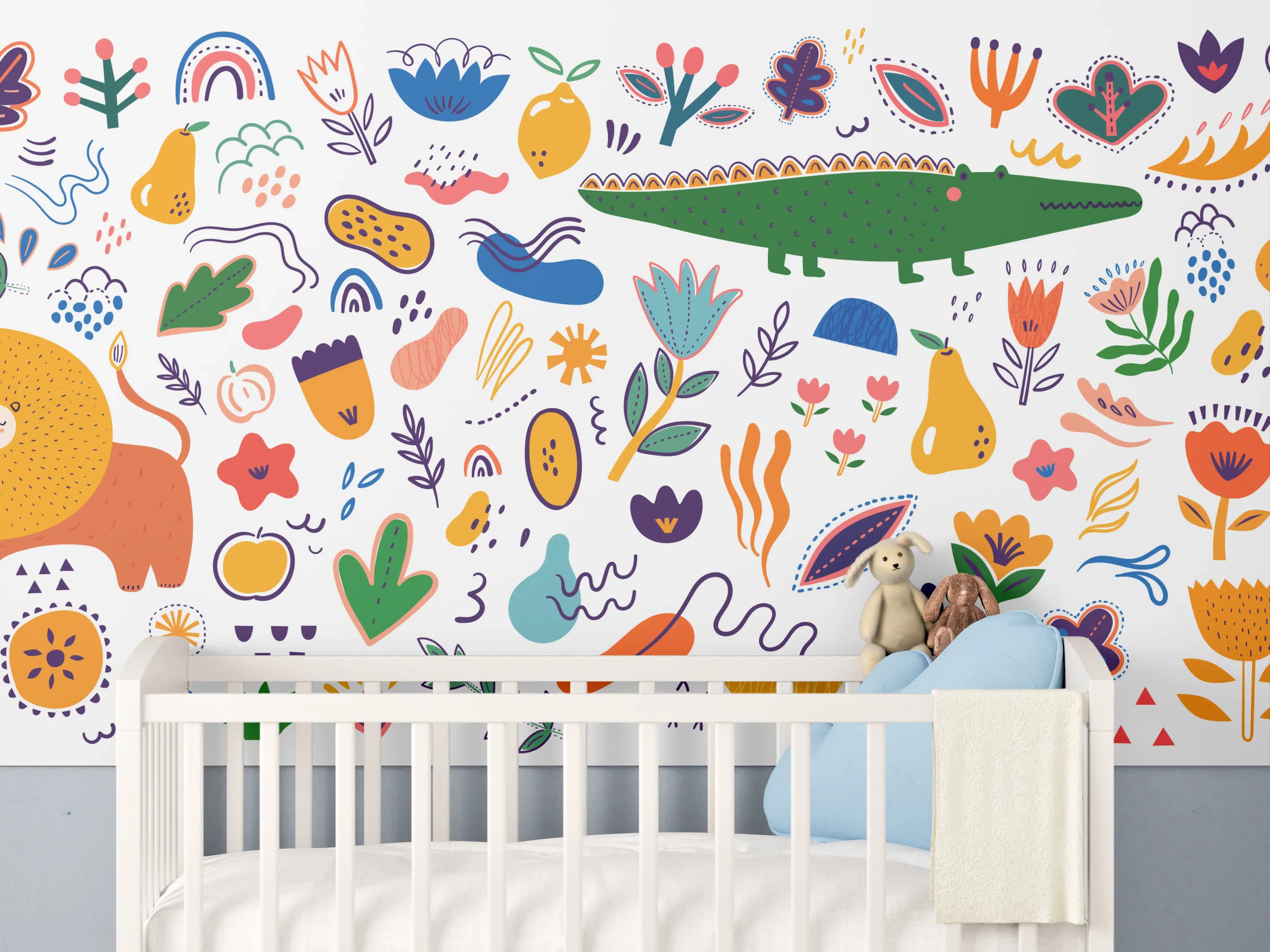 Babyzimmer Wandgestaltung - Lebendige bunte Blumenwiese