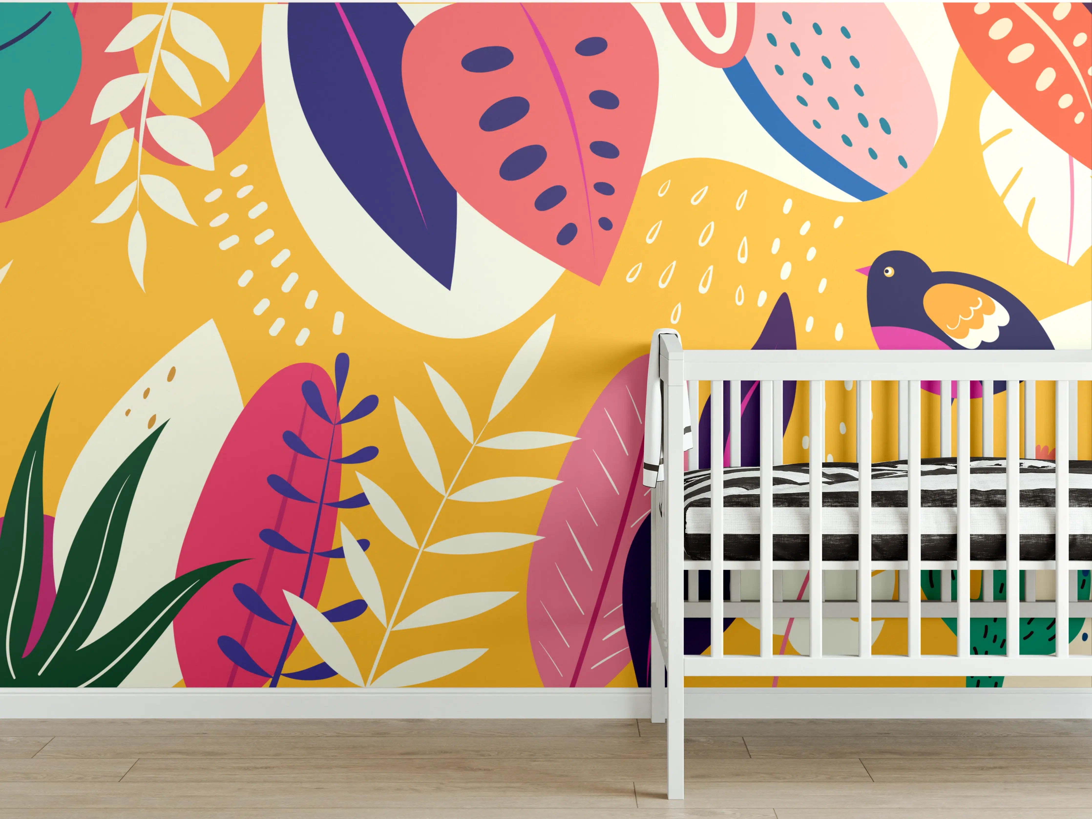 Babyzimmer Wandgestaltung - Lebendige tropische Dschungel-Szene mit bunten Pflanzen und Vögeln