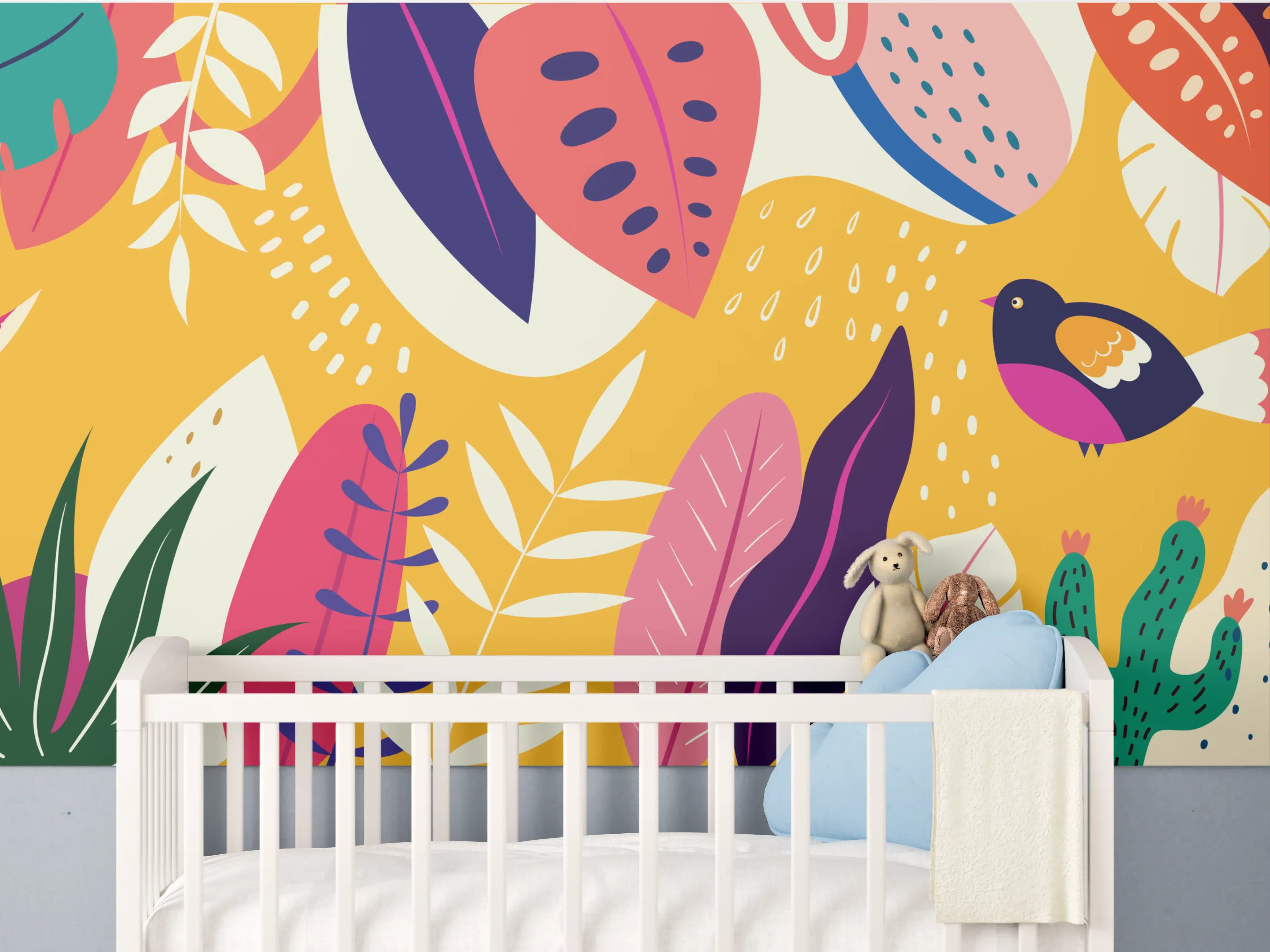 Babyzimmer Wandgestaltung - Lebendige tropische Dschungel-Szene mit bunten Pflanzen und Vögeln