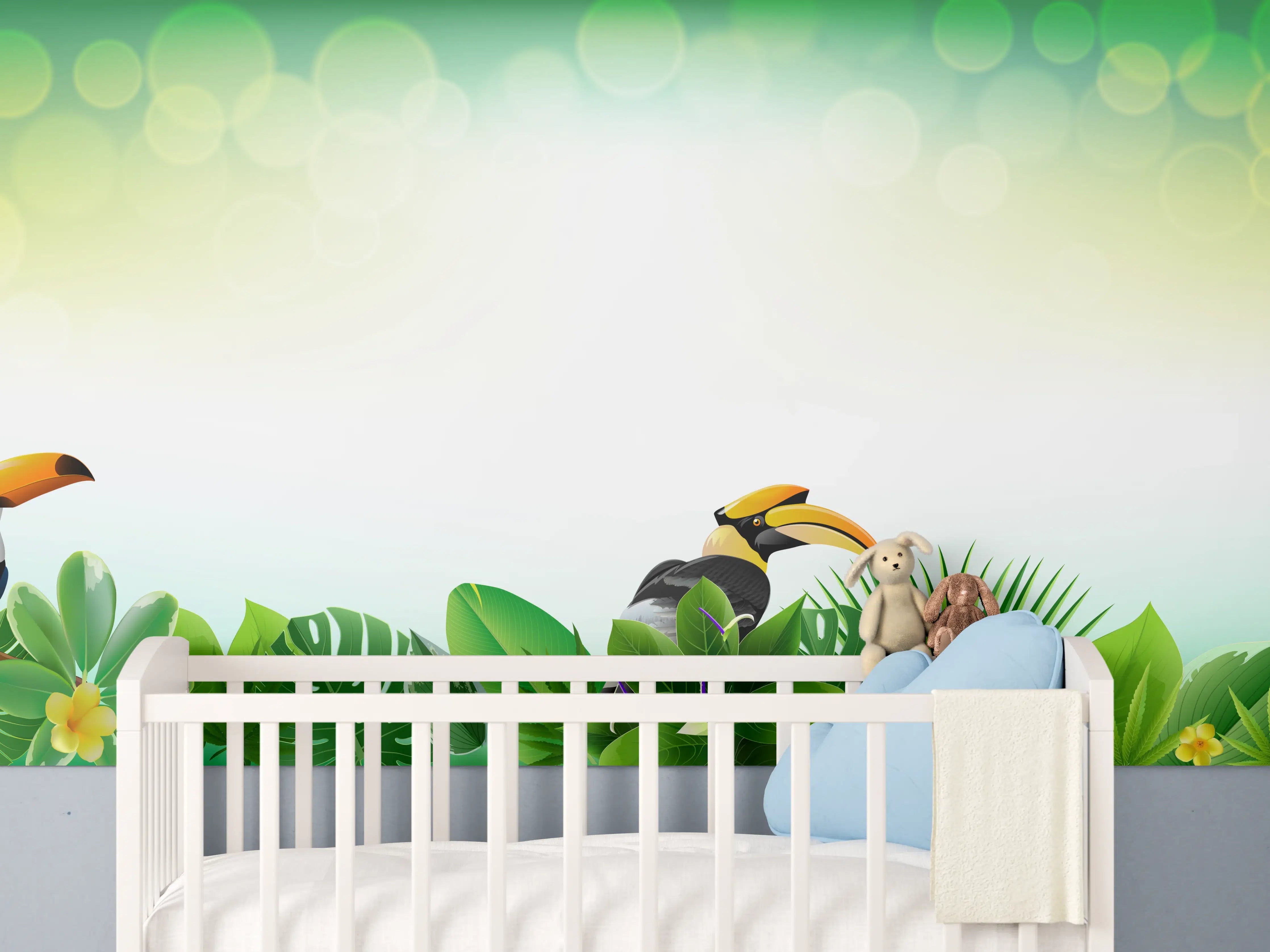 Babyzimmer Wandgestaltung - Lebhafte Dschungelmusik mit exotischen Vögeln und Giraffe
