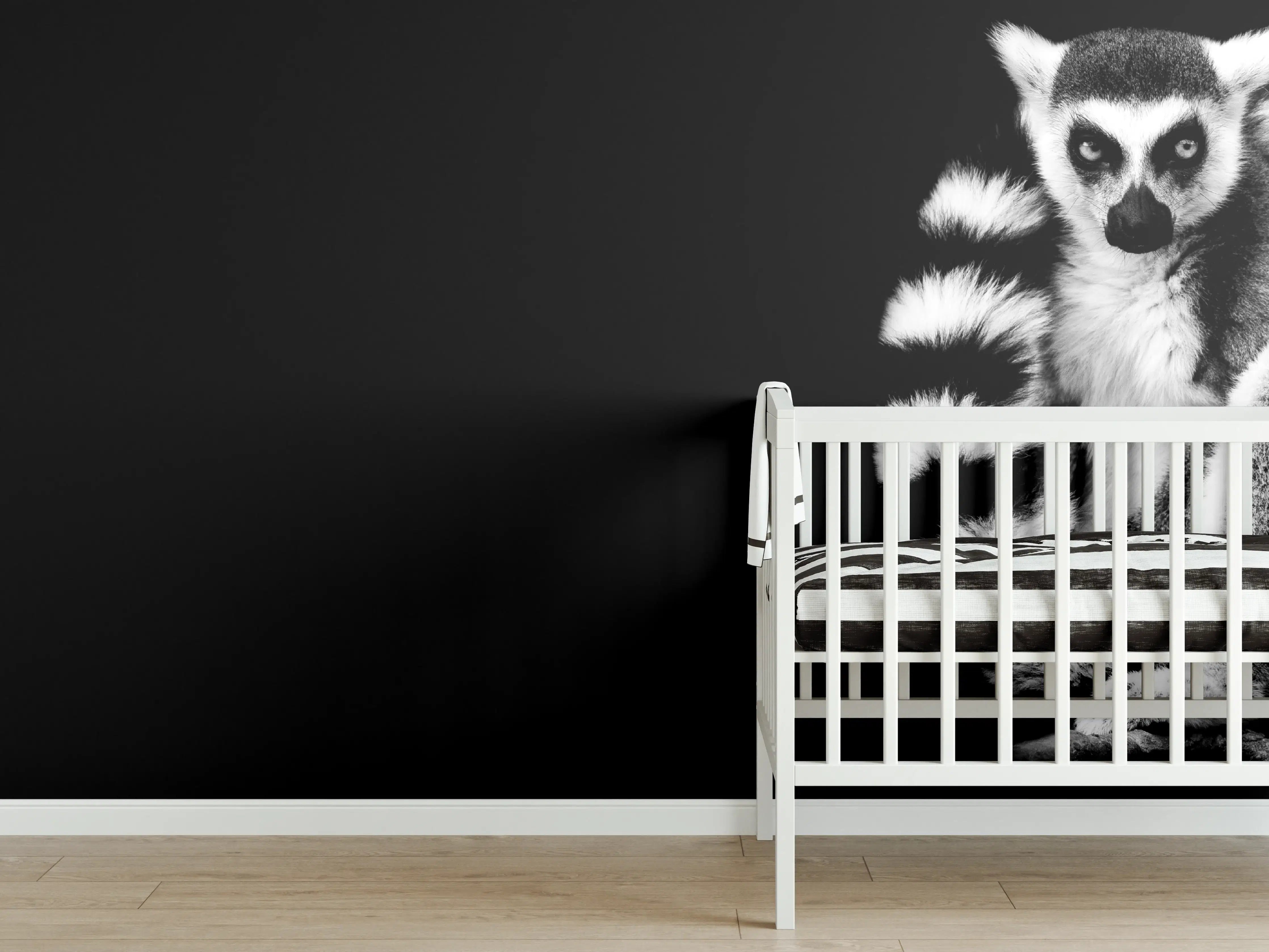 Babyzimmer Wandgestaltung - Lemur auf schwarzem Hintergrund