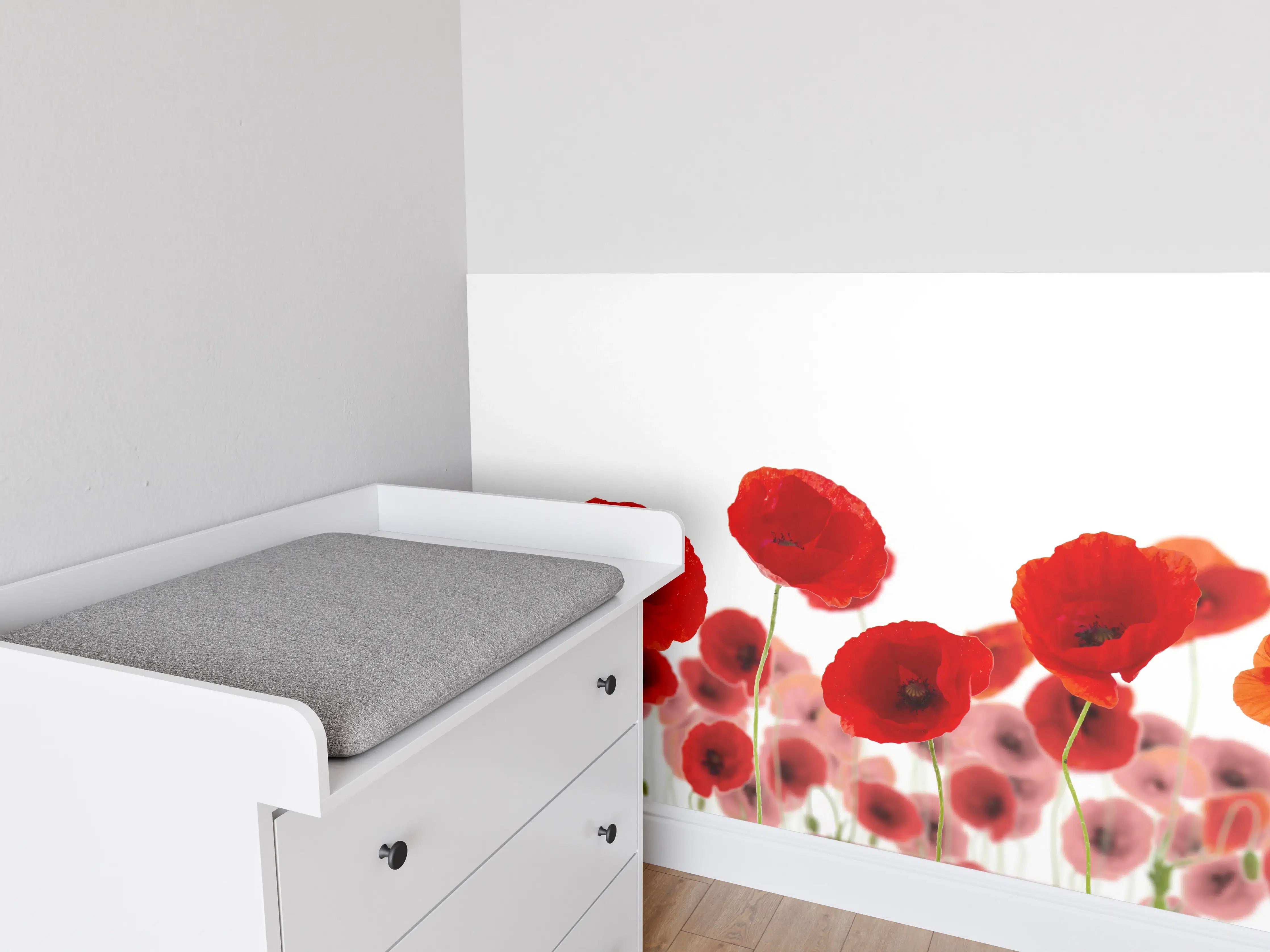 Babyzimmer Wandgestaltung - Leuchtende Mohnblumen in Rot und Orange