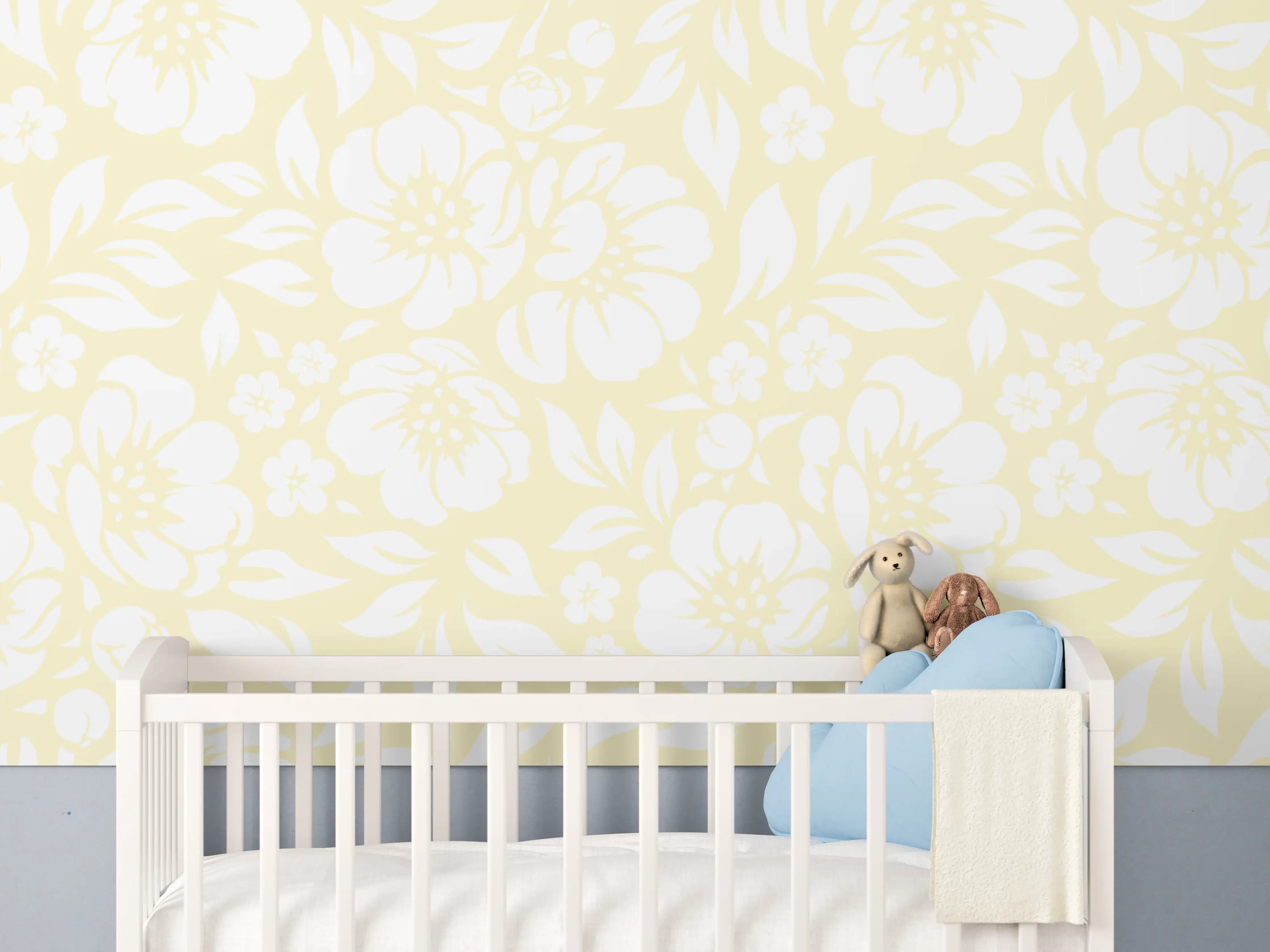Babyzimmer Wandgestaltung - Leuchtende florale Limone-Creme Muster