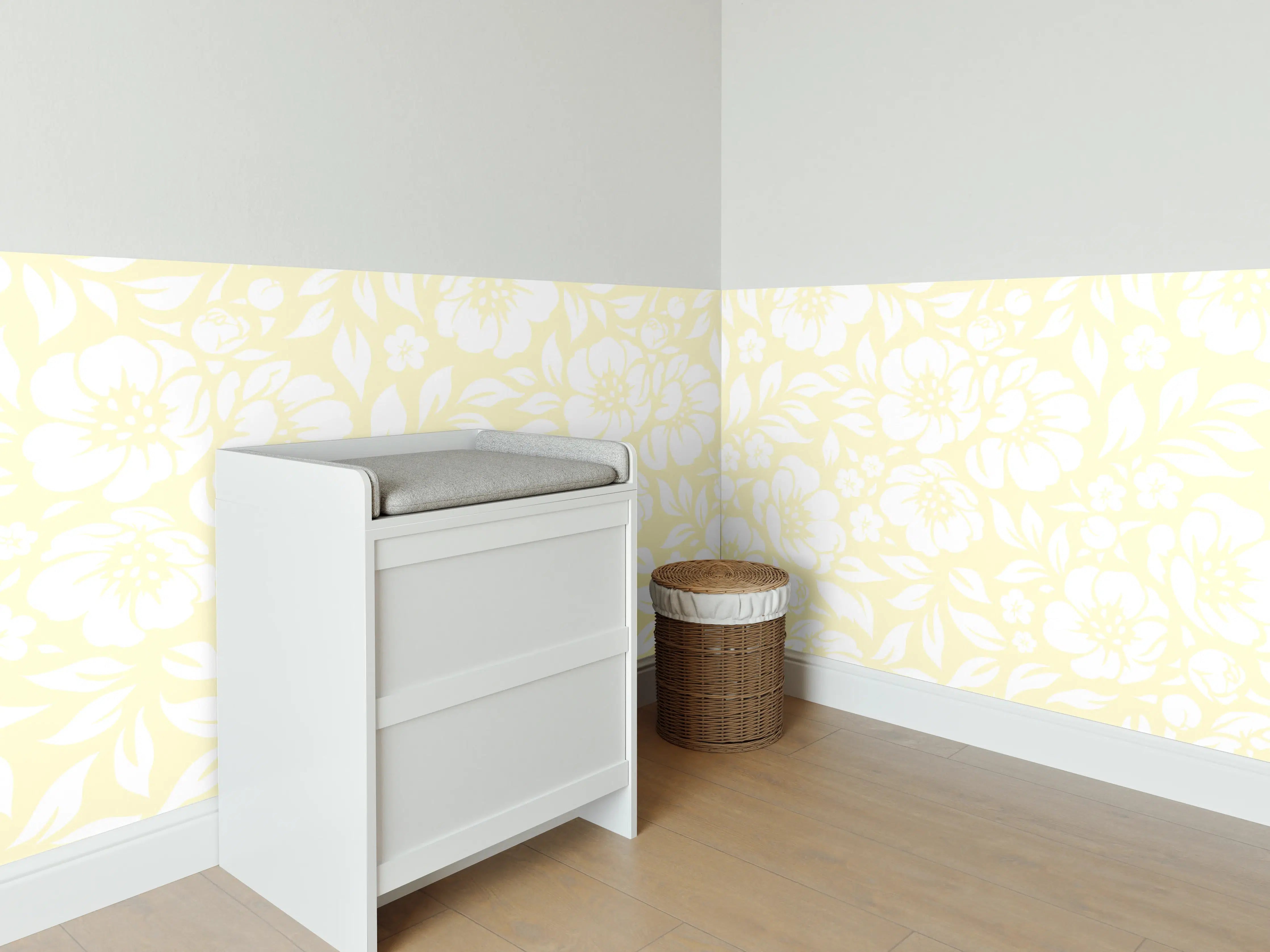 Babyzimmer Wandgestaltung - Leuchtende florale Limone-Creme Muster