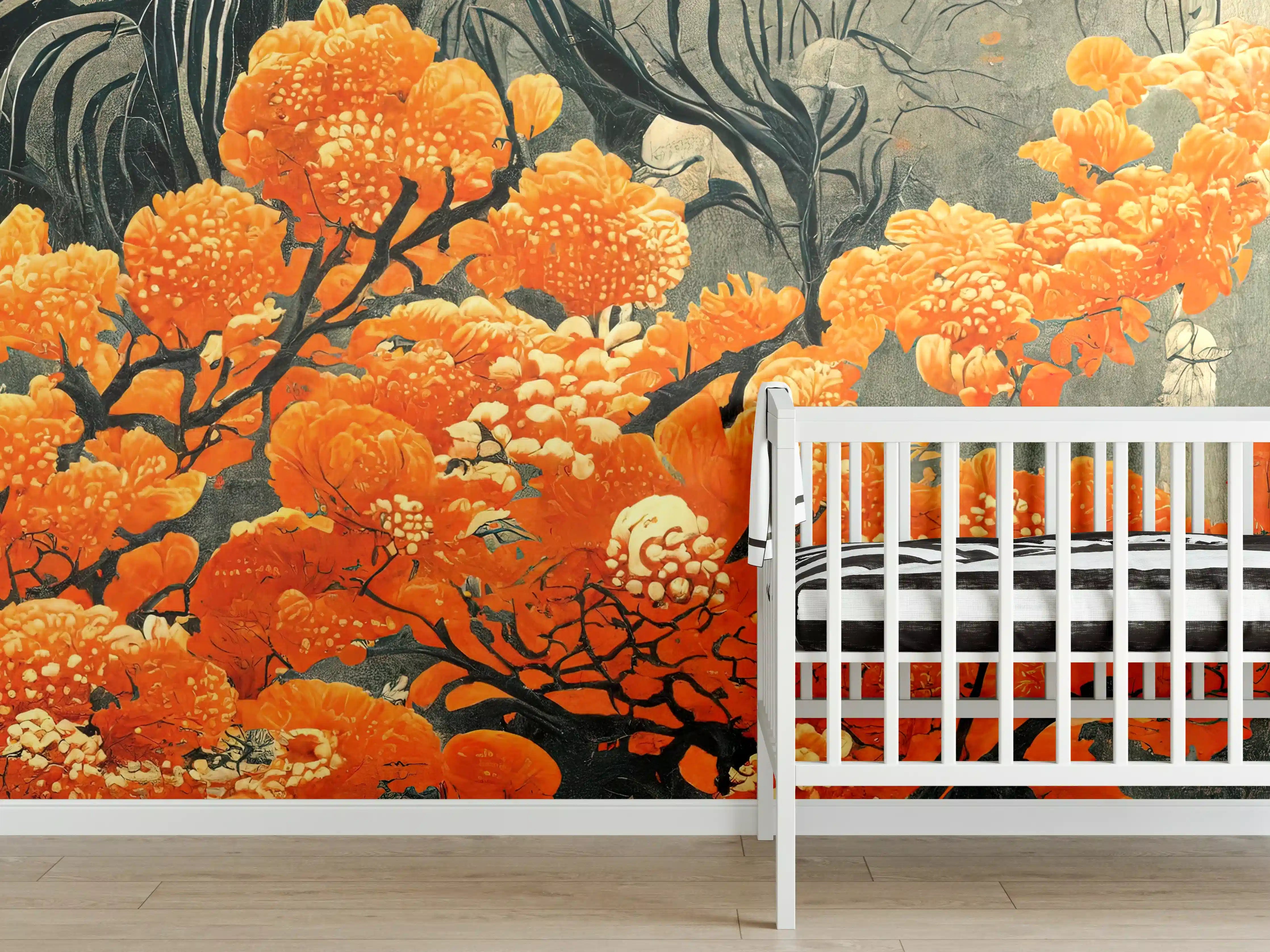 Babyzimmer Wandgestaltung - Leuchtende orange Blüten in altem Gemälde
