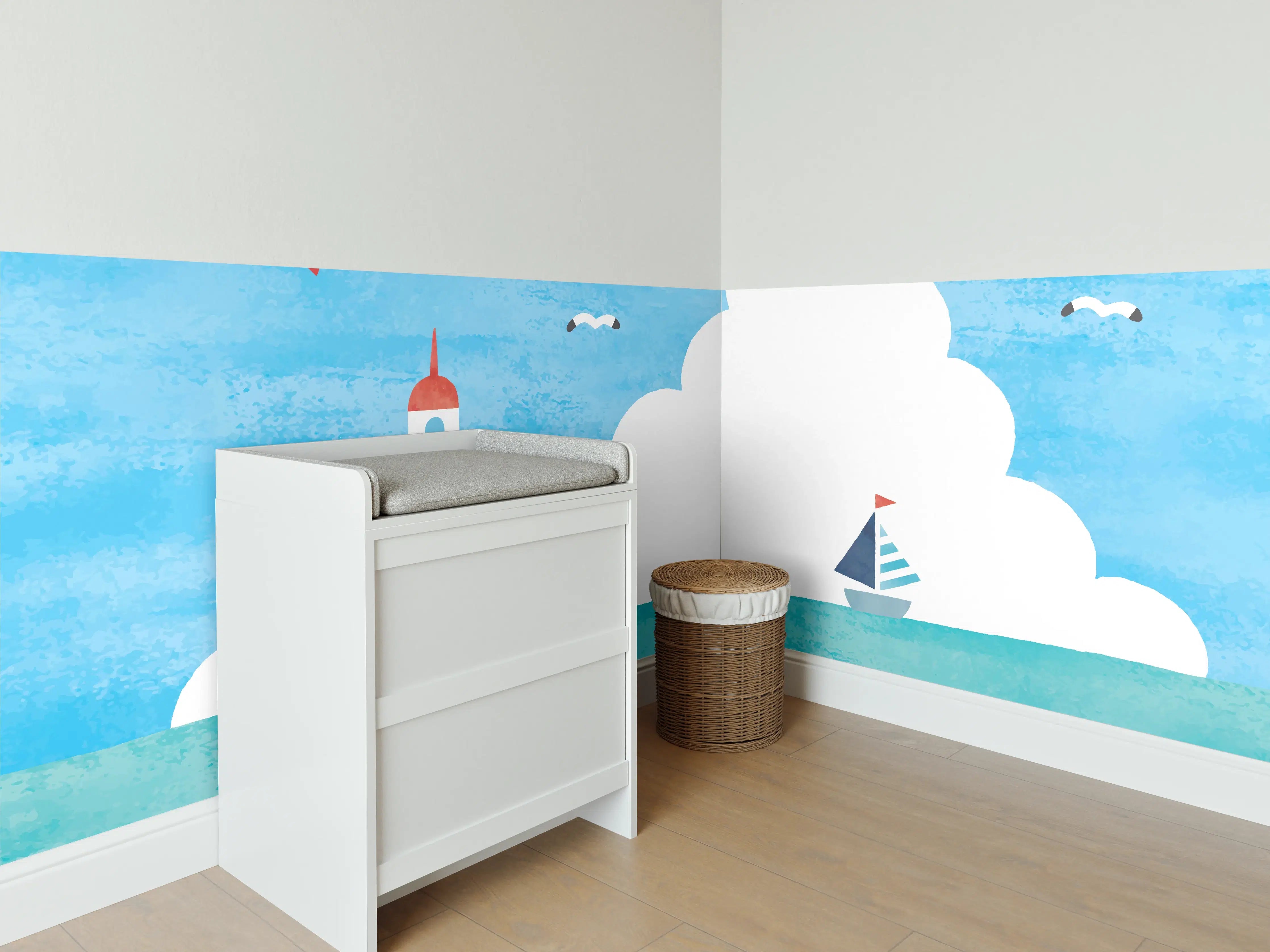 Babyzimmer Wandgestaltung - Leuchtturm Aquarell Meer