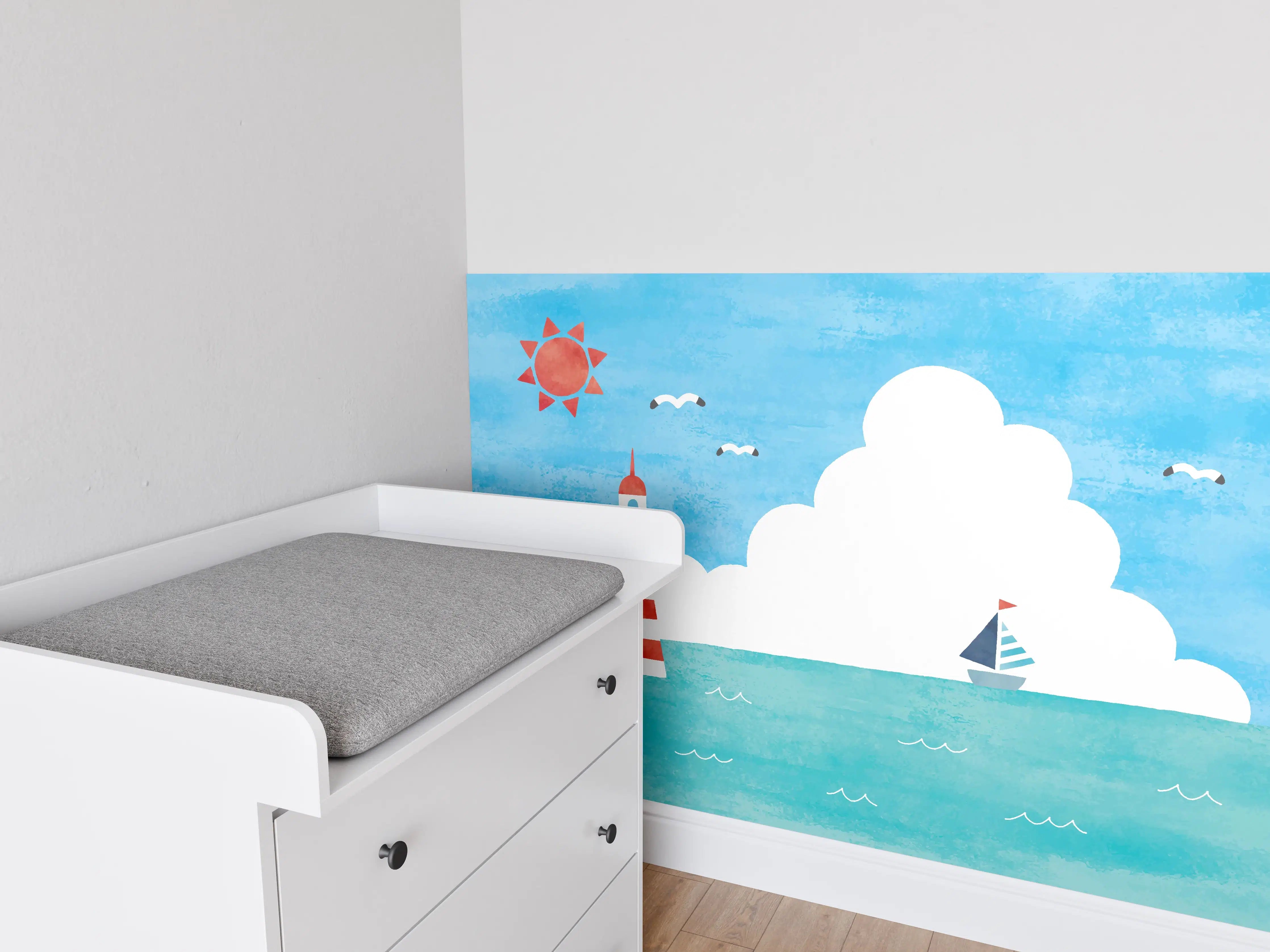 Babyzimmer Wandgestaltung - Leuchtturm Aquarell Meer